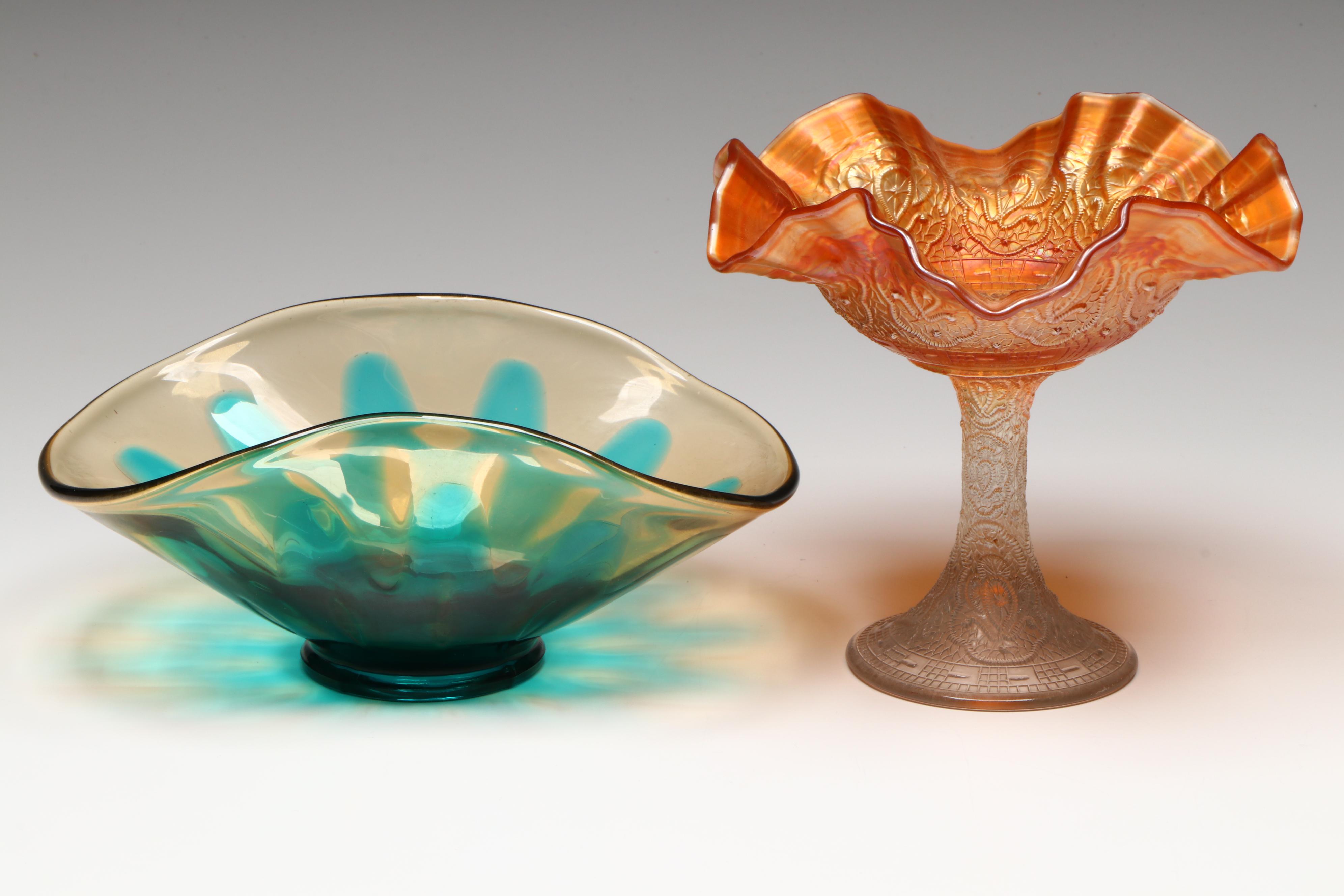 Fenton Hobnail Plate and Marigold Carnival Glass Compote with Bowl