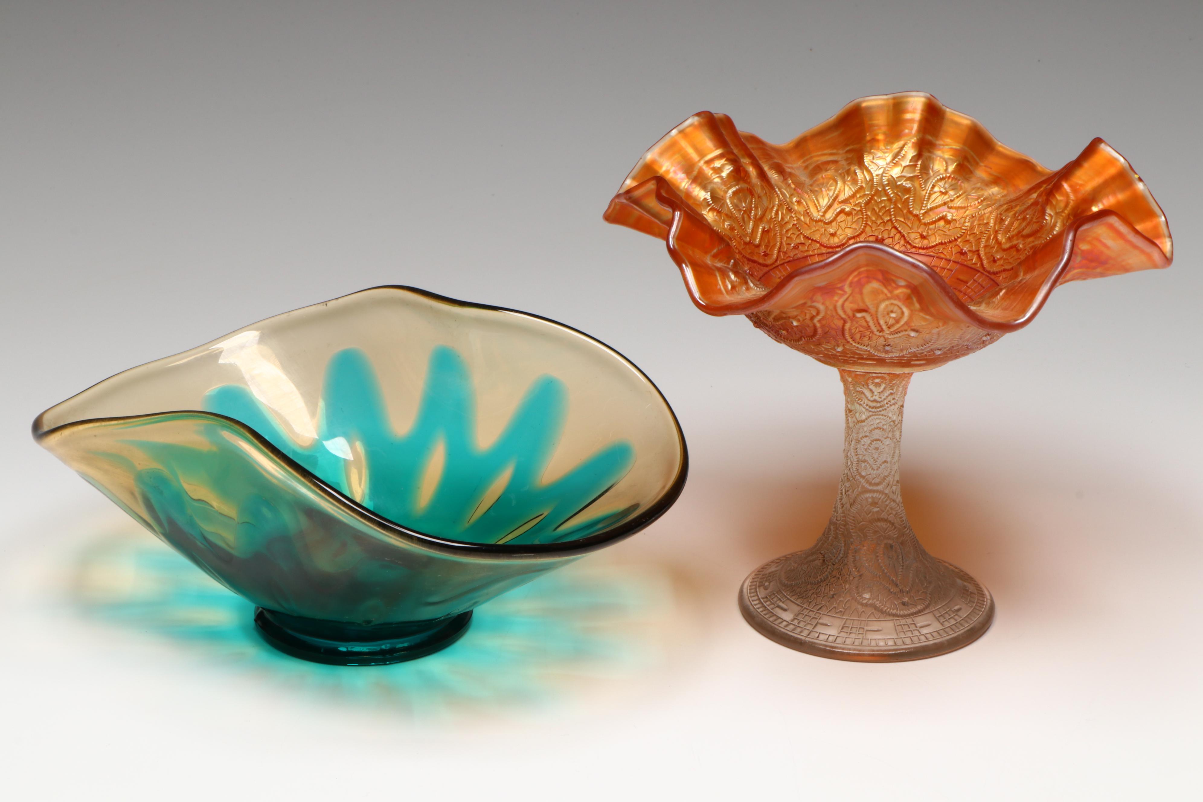 Fenton Hobnail Plate and Marigold Carnival Glass Compote with Bowl