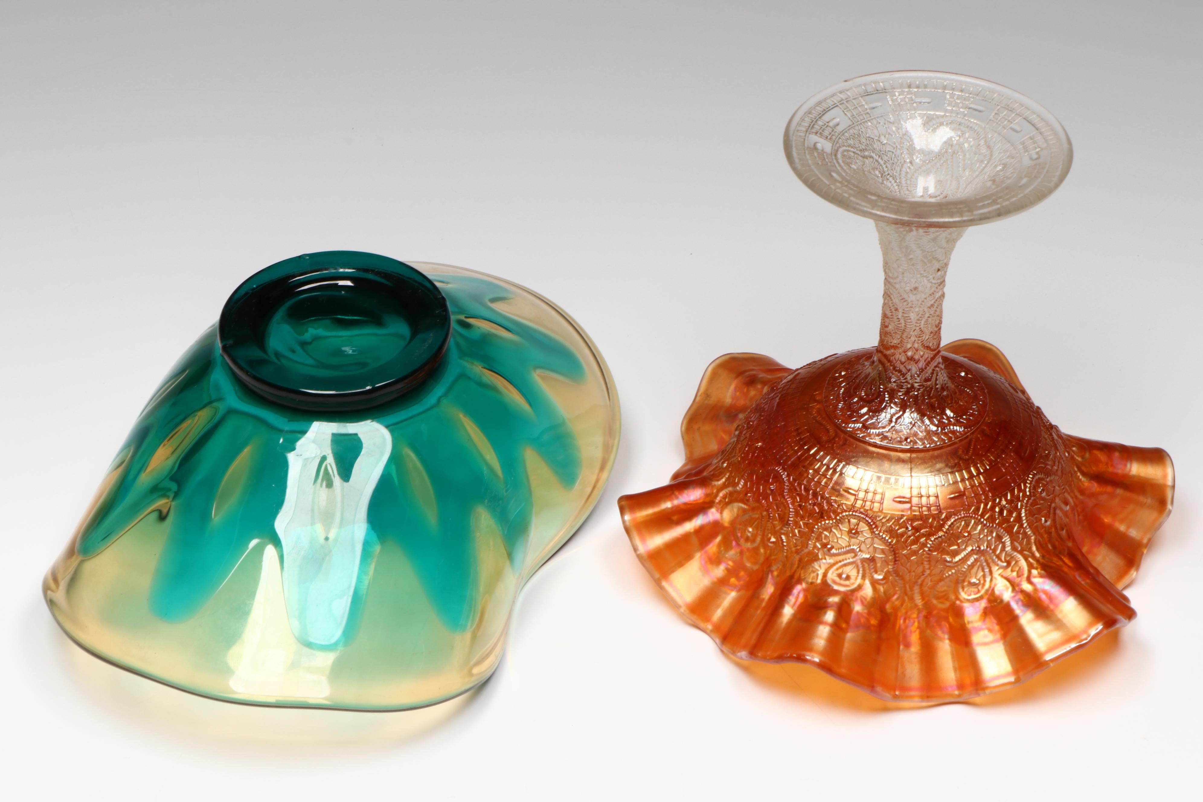 Fenton Hobnail Plate and Marigold Carnival Glass Compote with Bowl