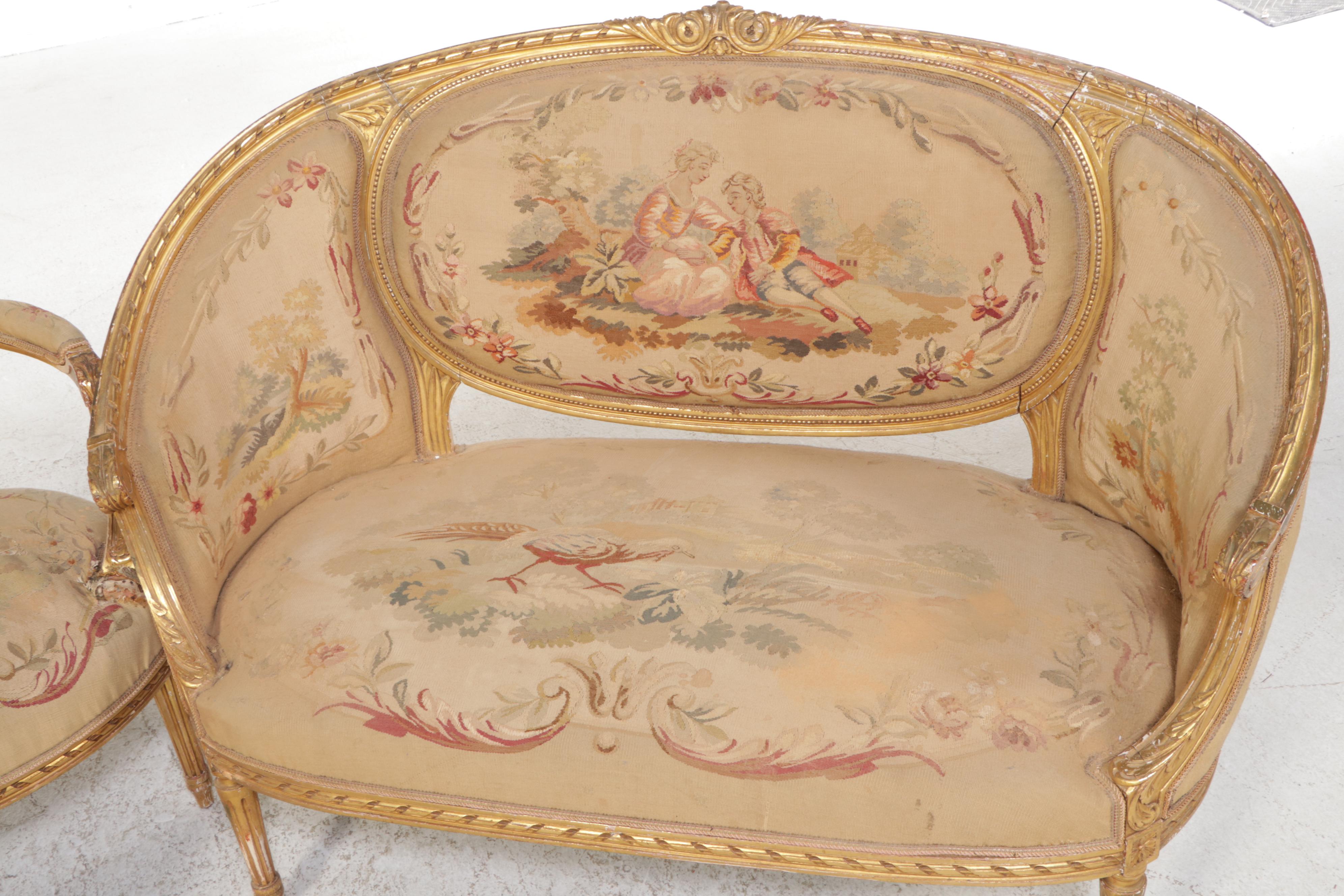 Louis XVI Style Giltwood Salon Suite with Tapestry