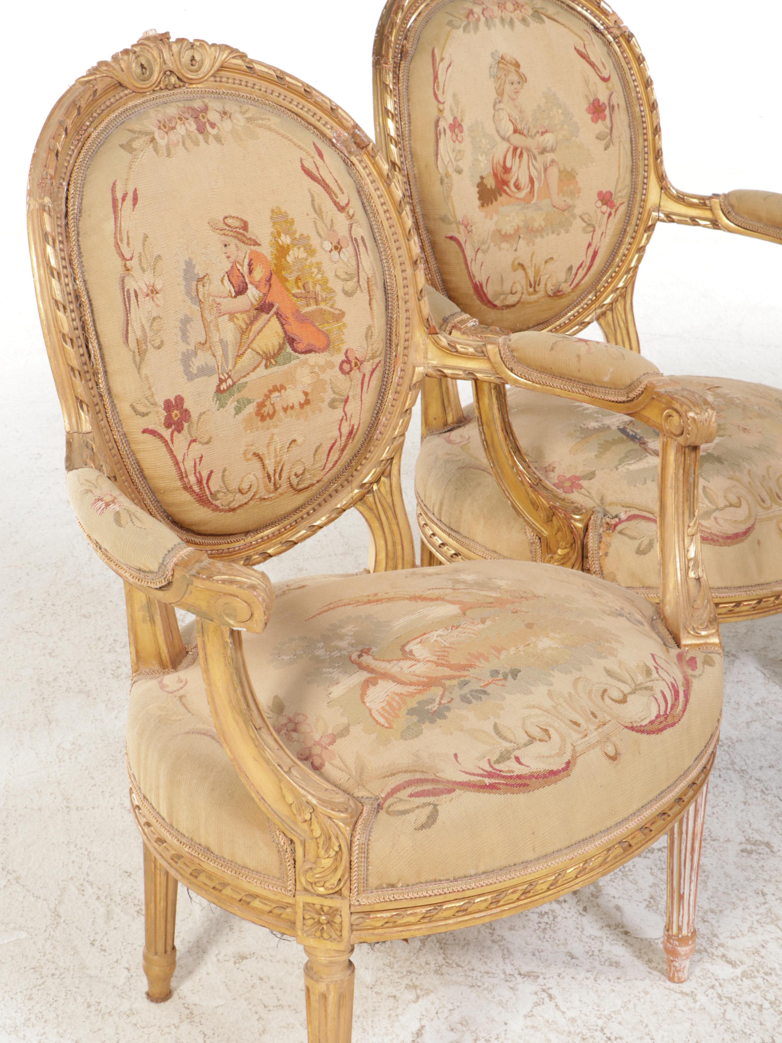 Louis XVI Style Giltwood Salon Suite with Tapestry