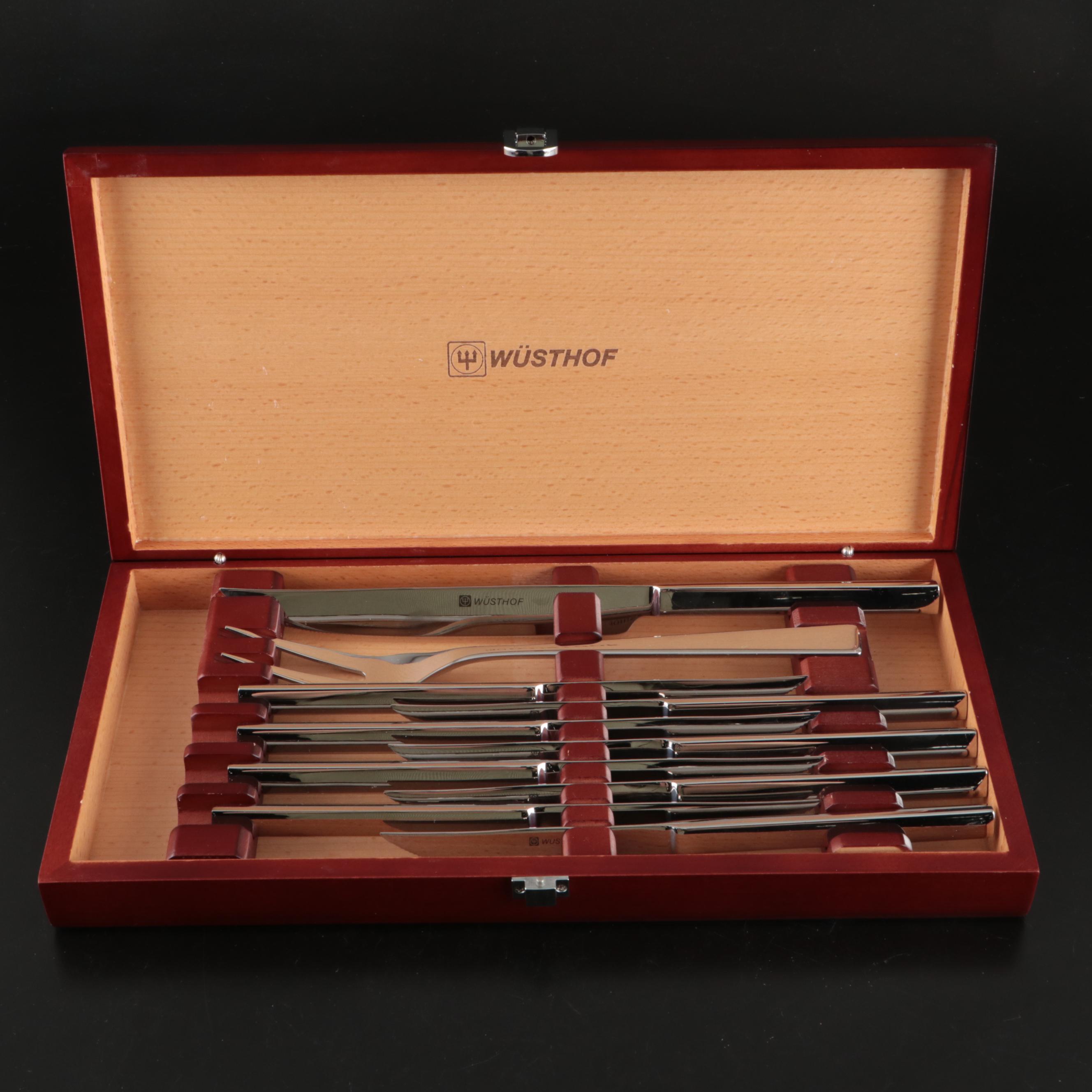 Wüsthof Stainless Steel Carving Set and Steak Knives with Wooden Storage Box