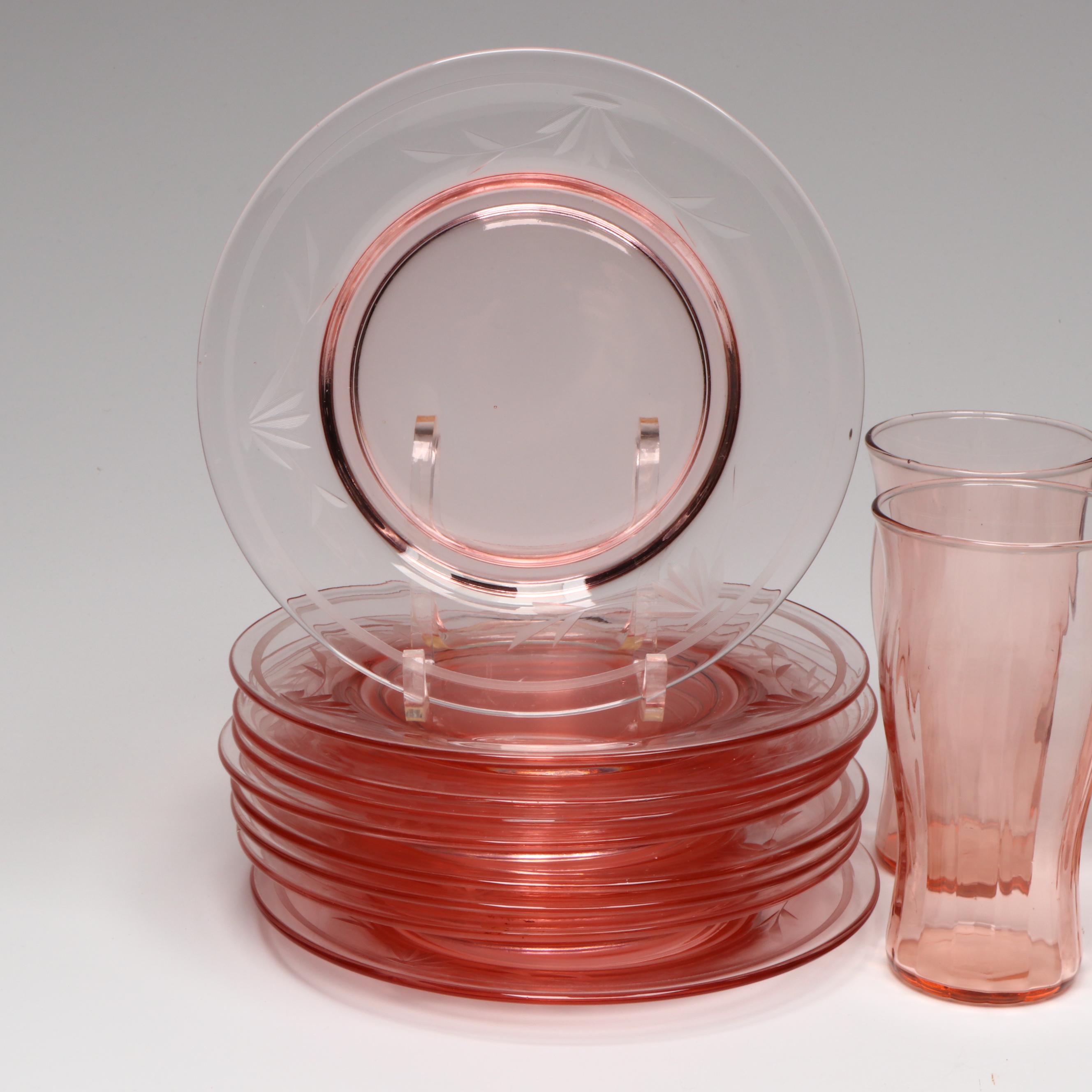 Cambridge "Decagon Pink" Bowl with Tiffan-Franciscan Plate and Other Tumblers