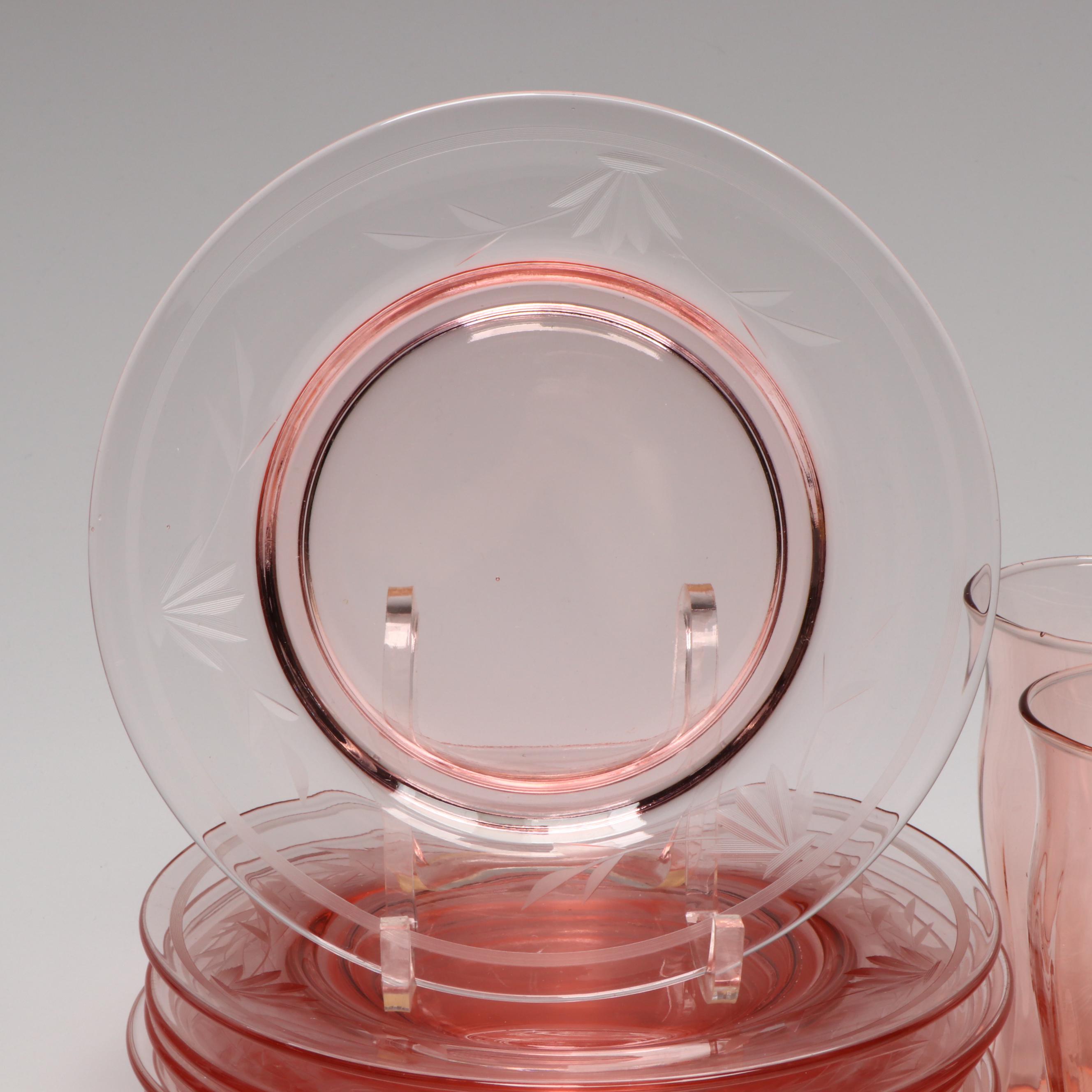 Cambridge "Decagon Pink" Bowl with Tiffan-Franciscan Plate and Other Tumblers