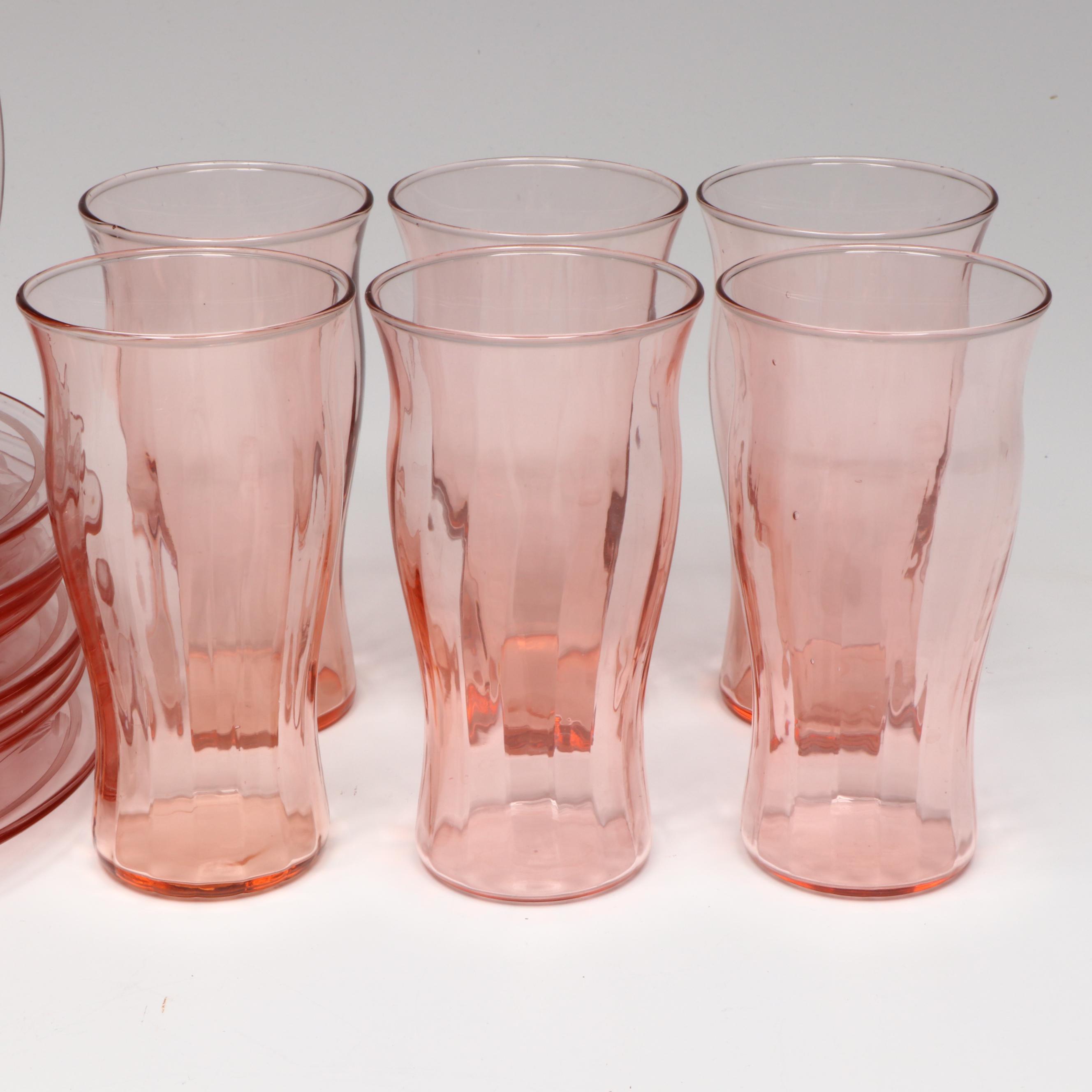 Cambridge "Decagon Pink" Bowl with Tiffan-Franciscan Plate and Other Tumblers