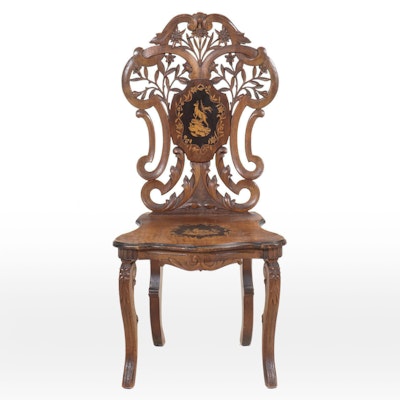 Swiss Black Forest Inlaid and Ornately Carved Walnut Hall Chair Swiss Black Forest Inlaid and Ornately Carved Walnut Hall Chair