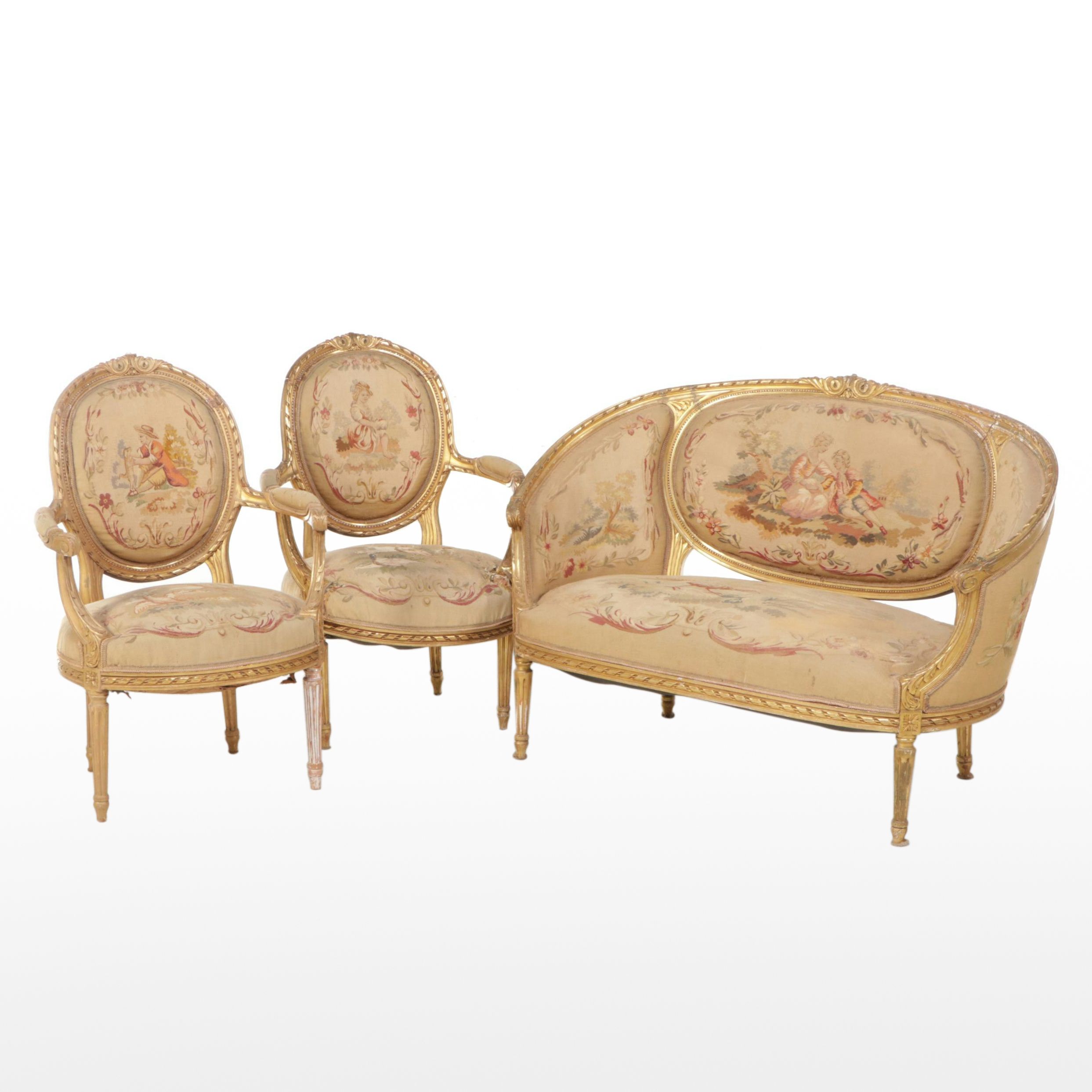 Louis XVI Style Giltwood Salon Suite with Tapestry