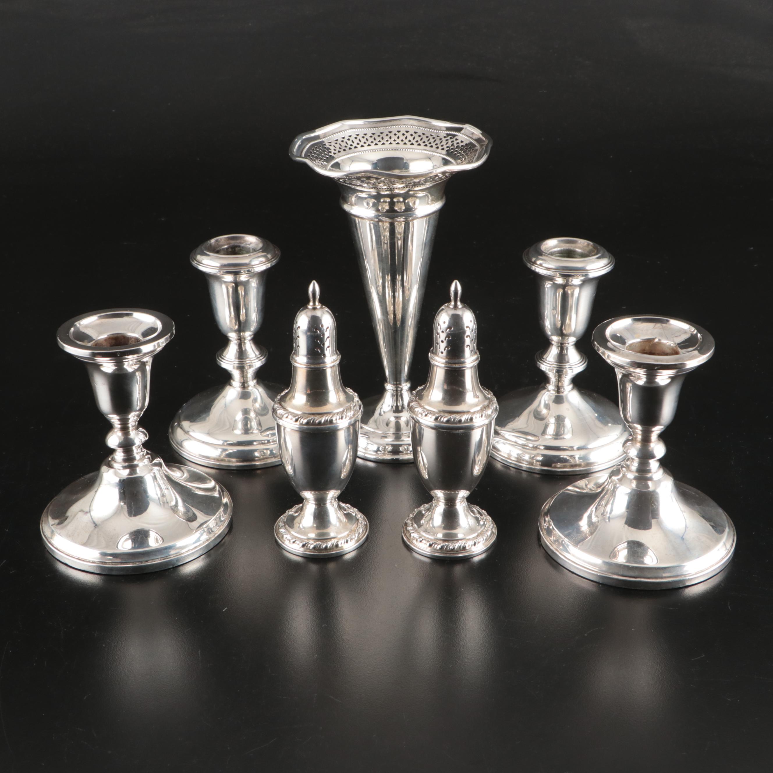 Towle Weighted Sterling Candleholders with Other Shakers and Trumpet Vase