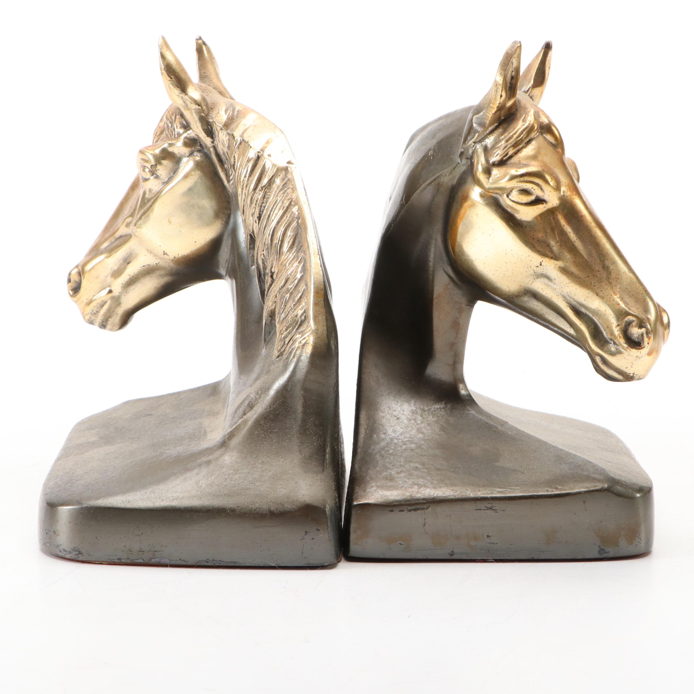 Philadelphia Manufacturing Brass Finished Horse Head Bookends with Figurines