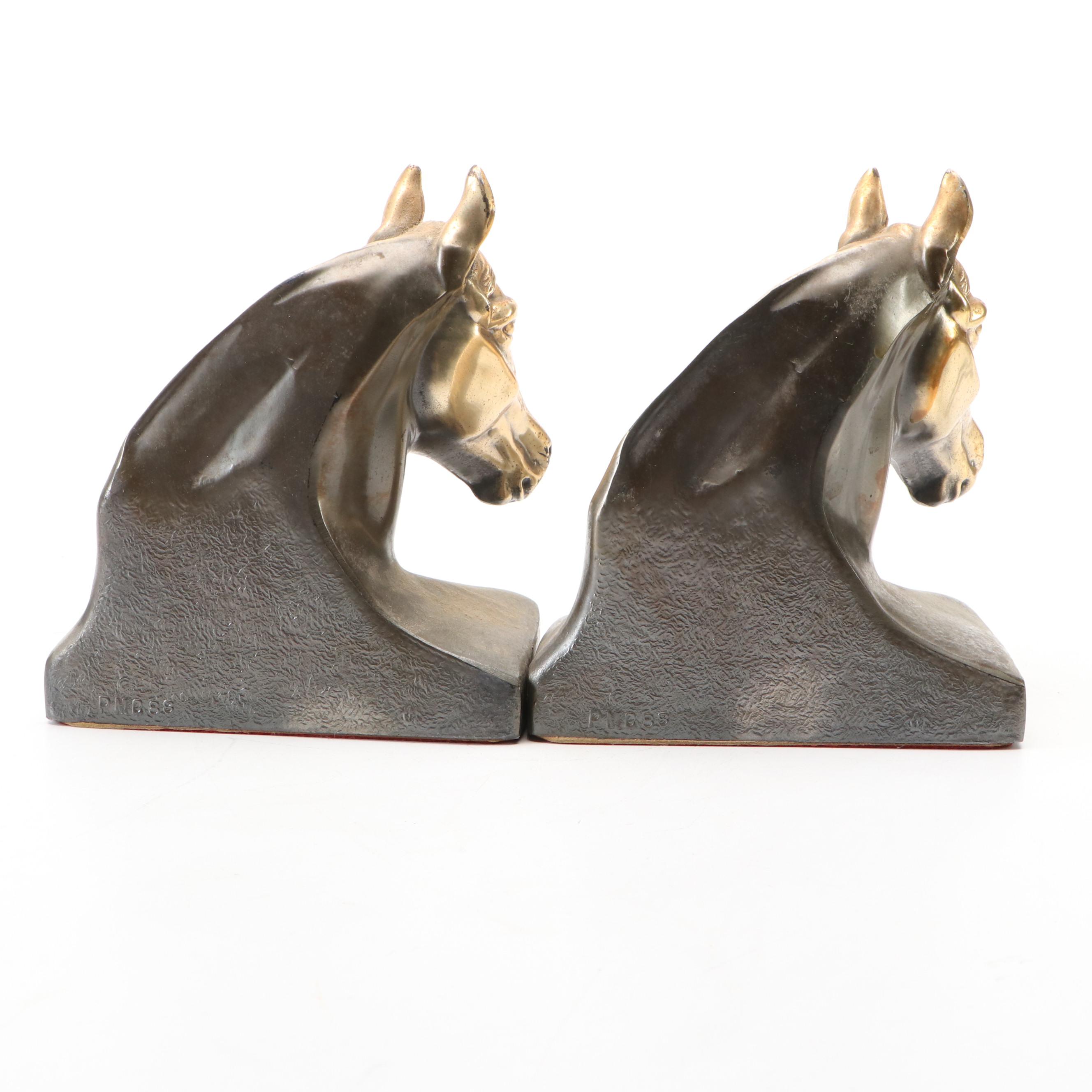 Philadelphia Manufacturing Brass Finished Horse Head Bookends with Figurines