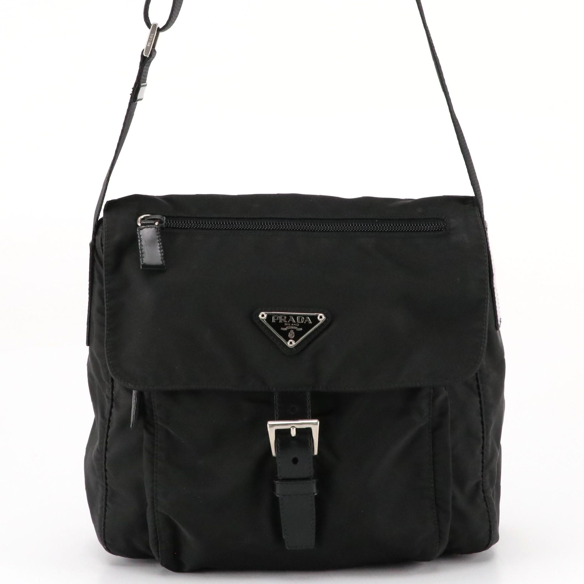 Prada Buckle Flap Shoulder Bag in Black Tessuto Nylon