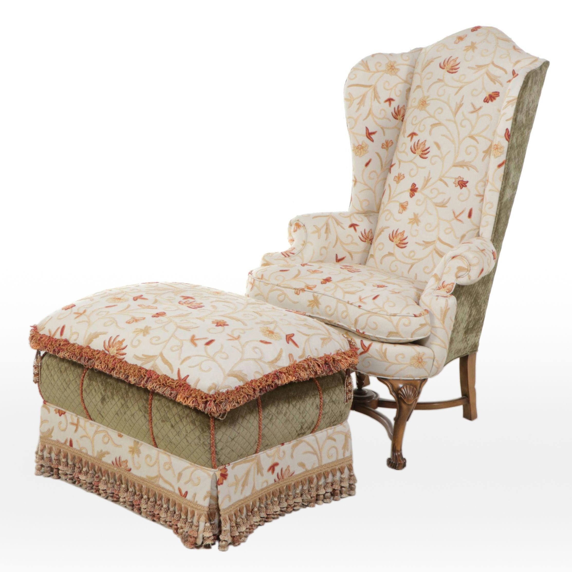 Stanford Furniture Corp. Queen Anne Style Wingback Chair with Ottoman