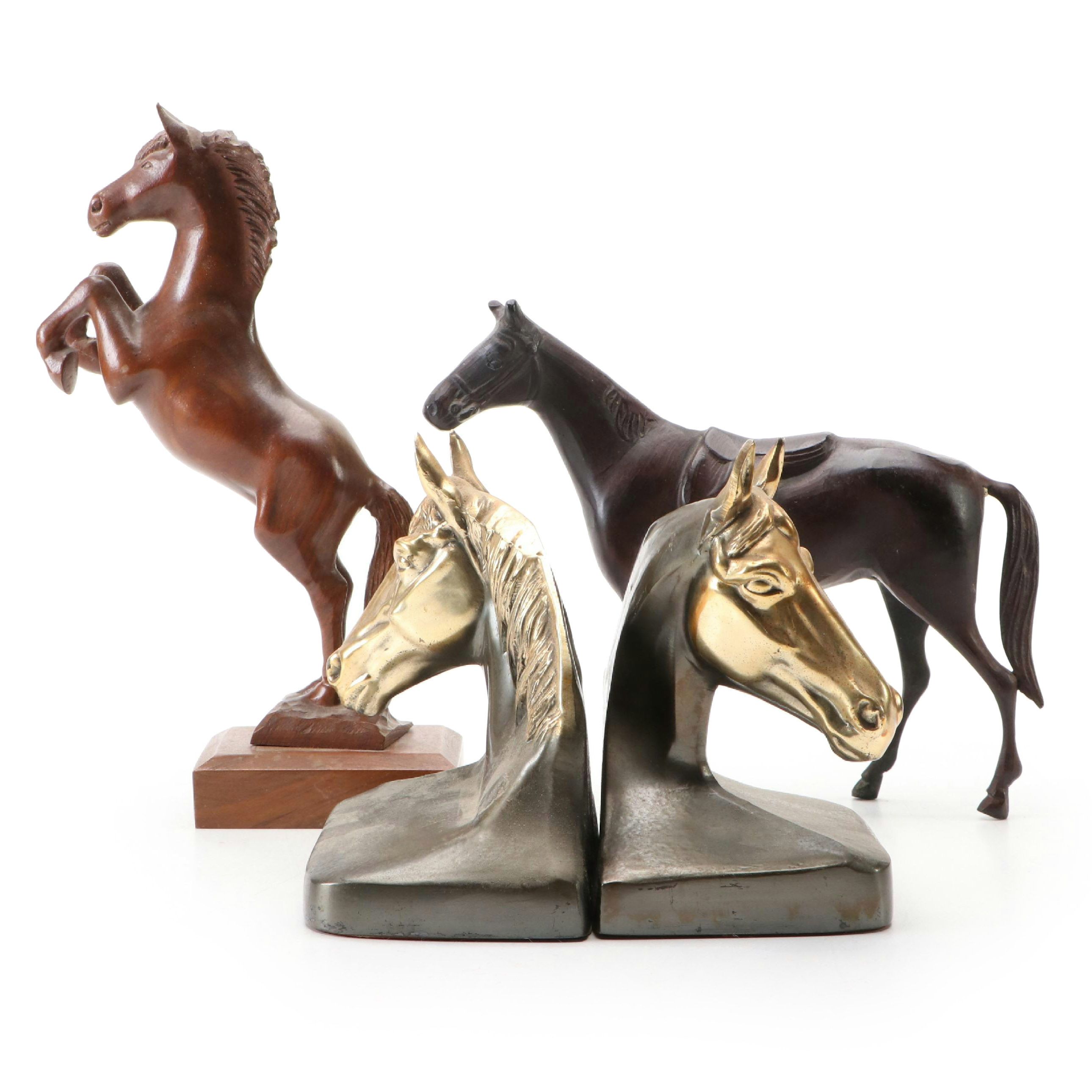Philadelphia Manufacturing Brass Finished Horse Head Bookends with Figurines
