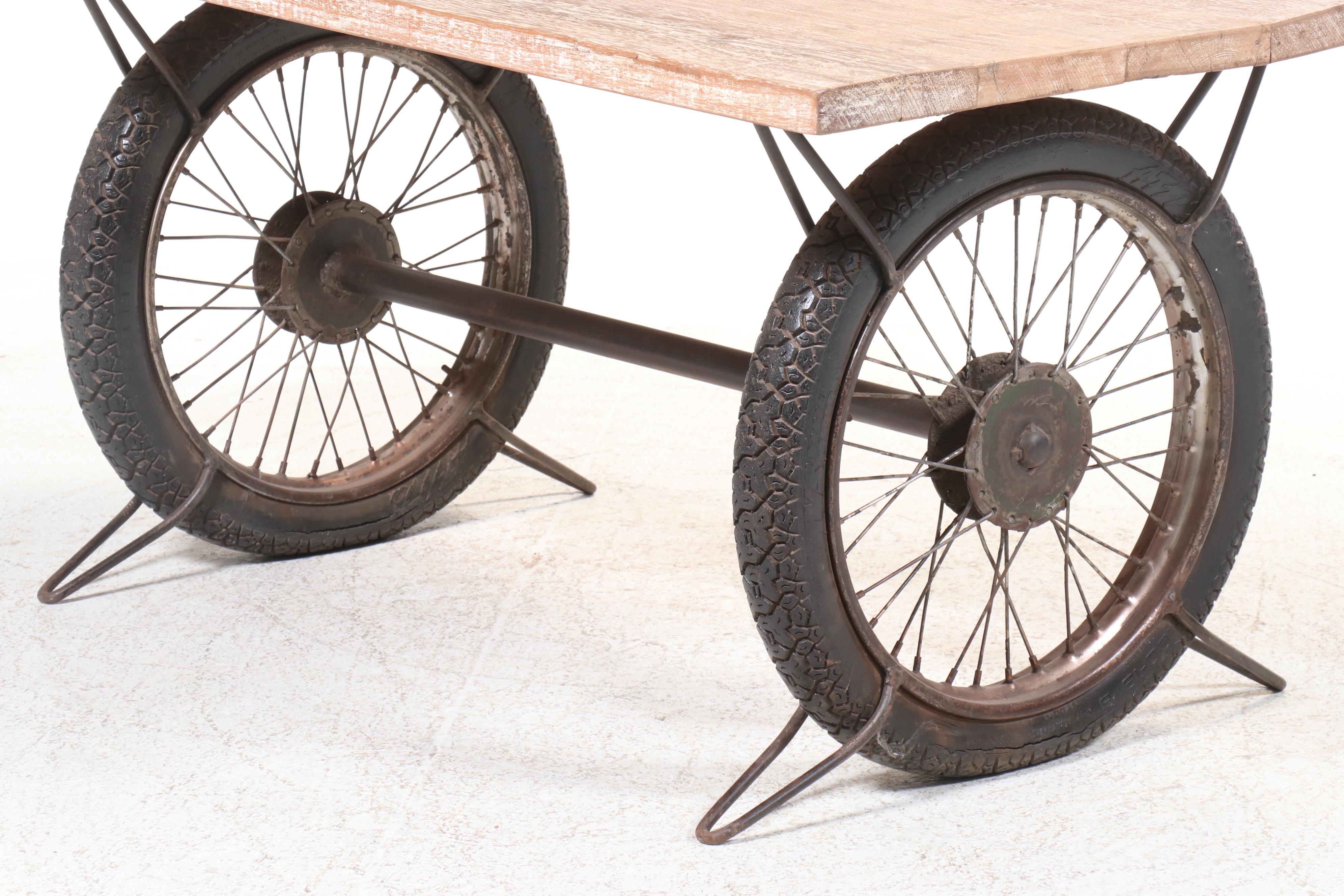 Steampunk Style Wooden Top Table with Reclaimed Tire Wheel Base