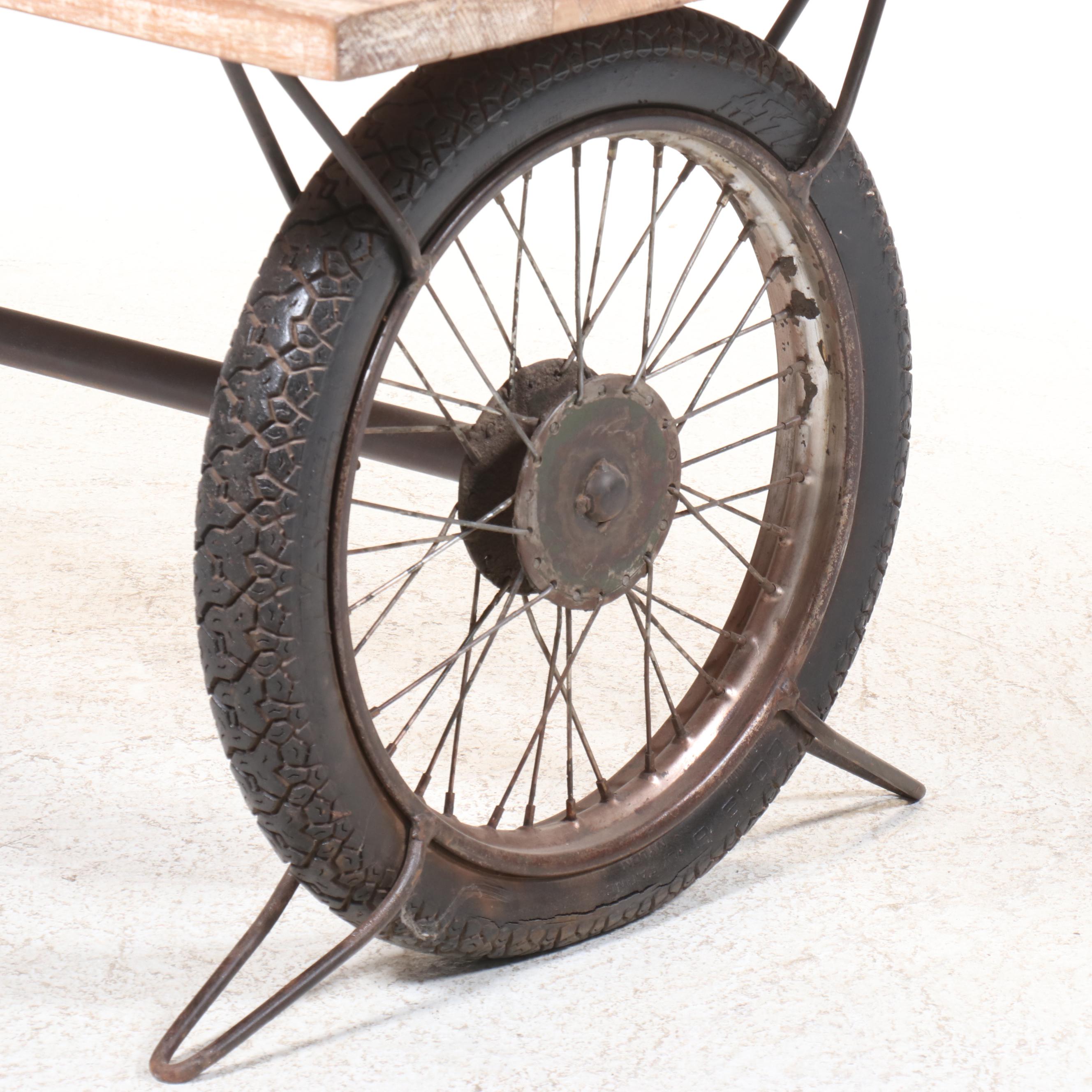 Steampunk Style Wooden Top Table with Reclaimed Tire Wheel Base