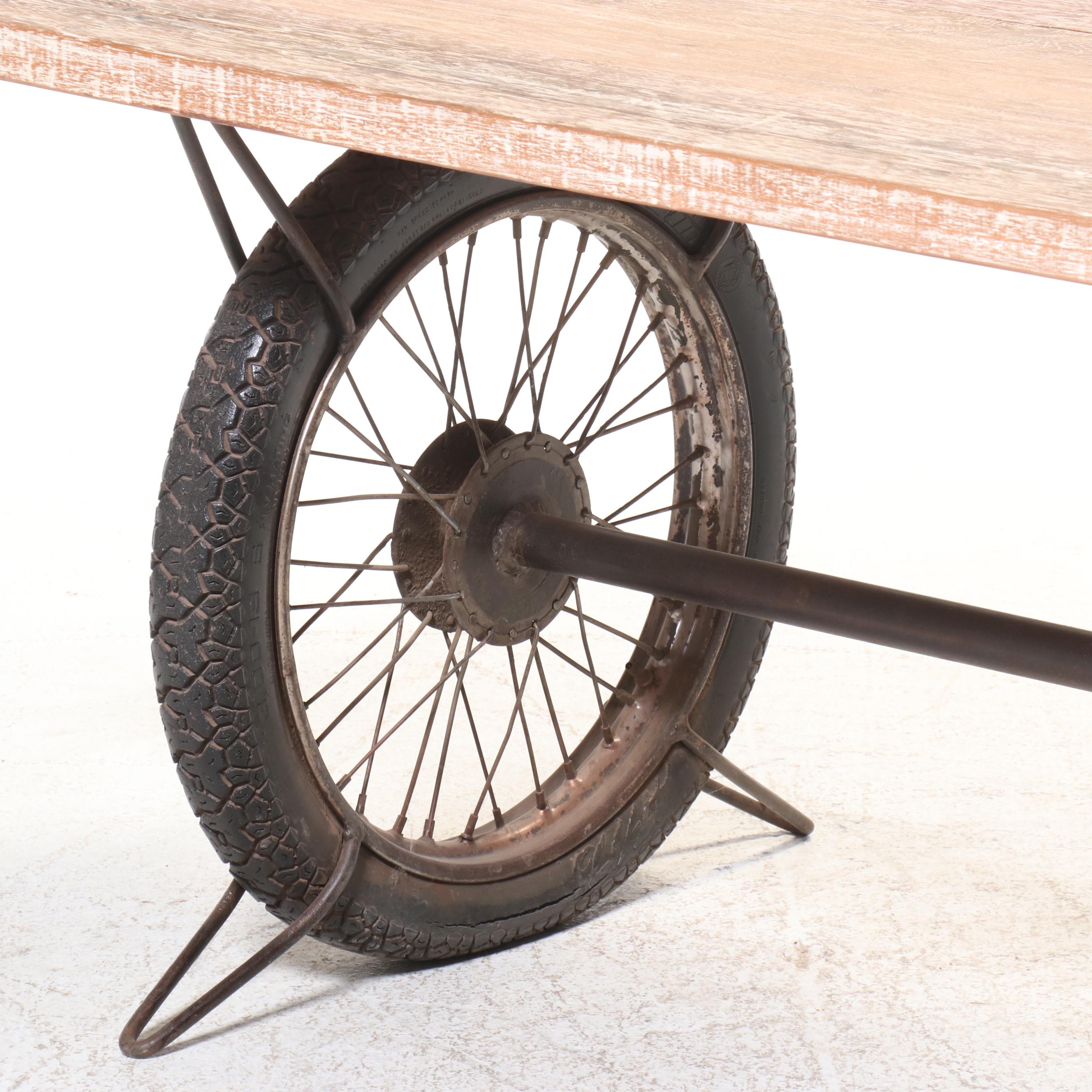Steampunk Style Wooden Top Table with Reclaimed Tire Wheel Base