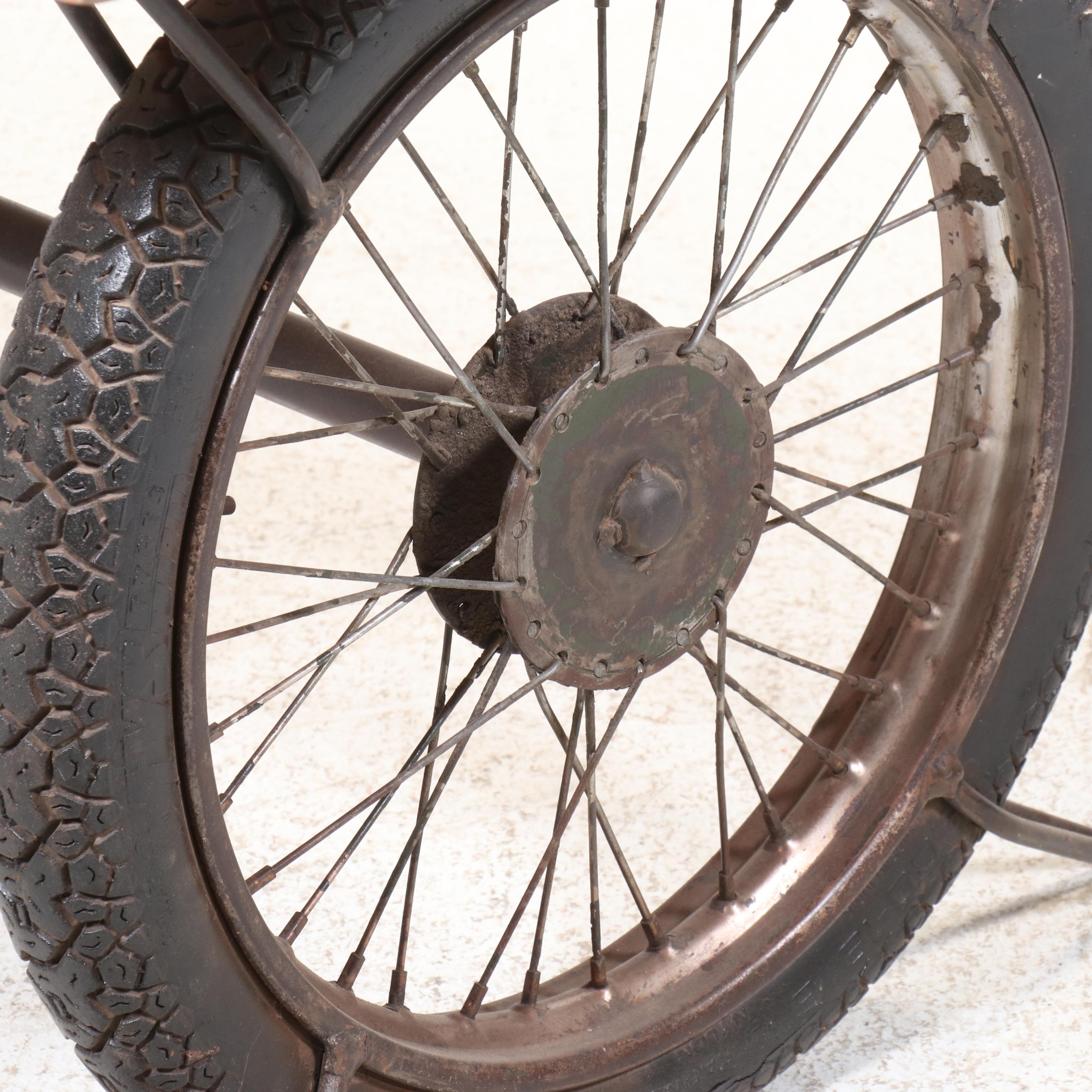 Steampunk Style Wooden Top Table with Reclaimed Tire Wheel Base