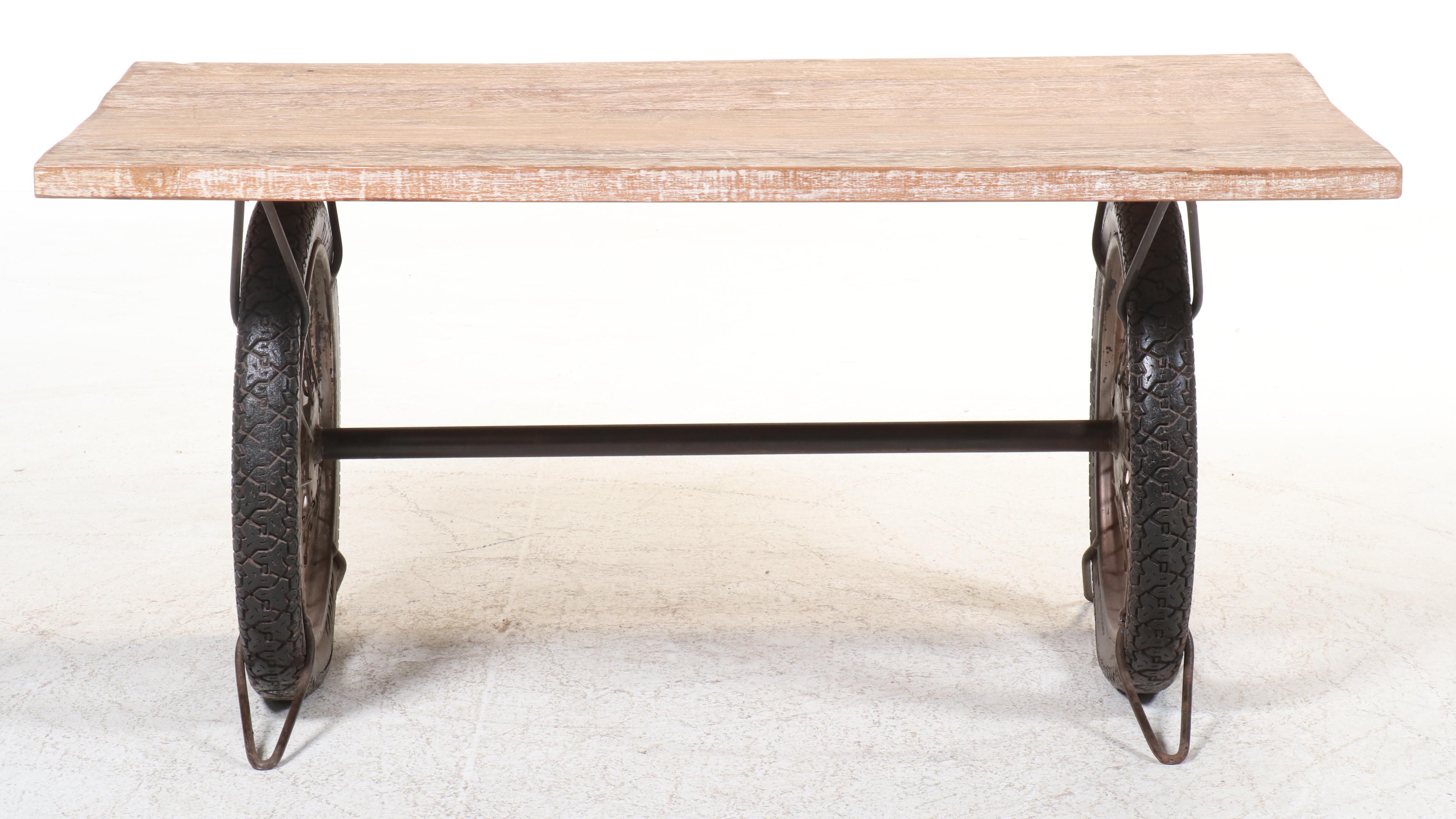 Steampunk Style Wooden Top Table with Reclaimed Tire Wheel Base