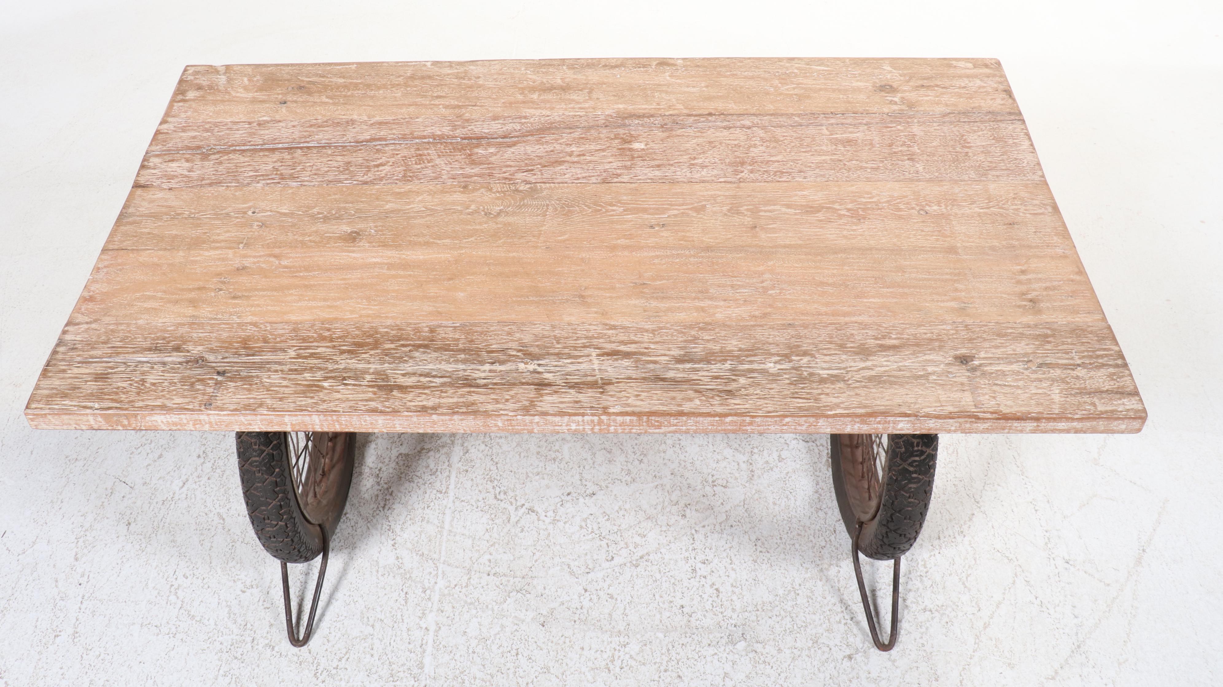 Steampunk Style Wooden Top Table with Reclaimed Tire Wheel Base