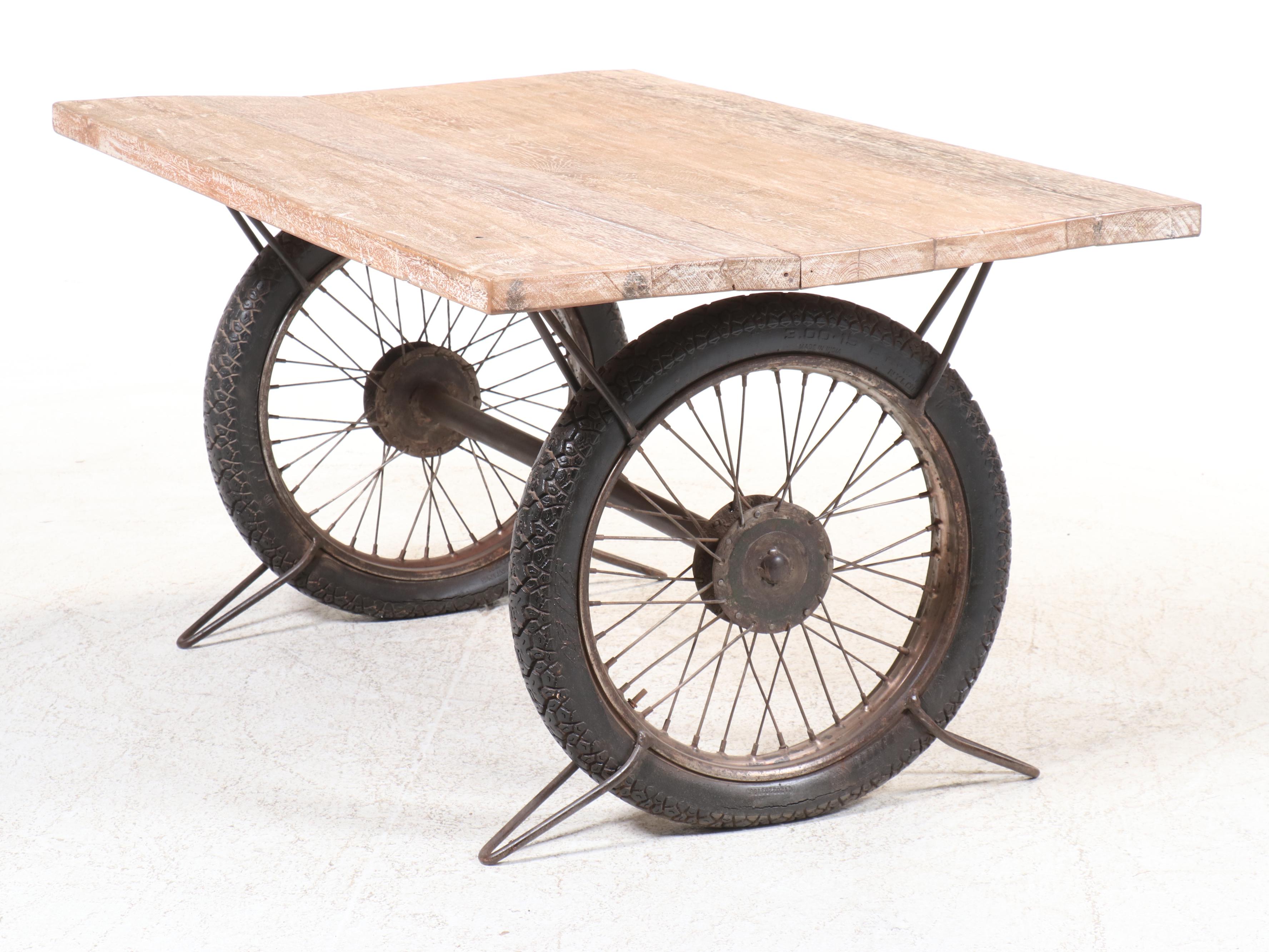 Steampunk Style Wooden Top Table with Reclaimed Tire Wheel Base