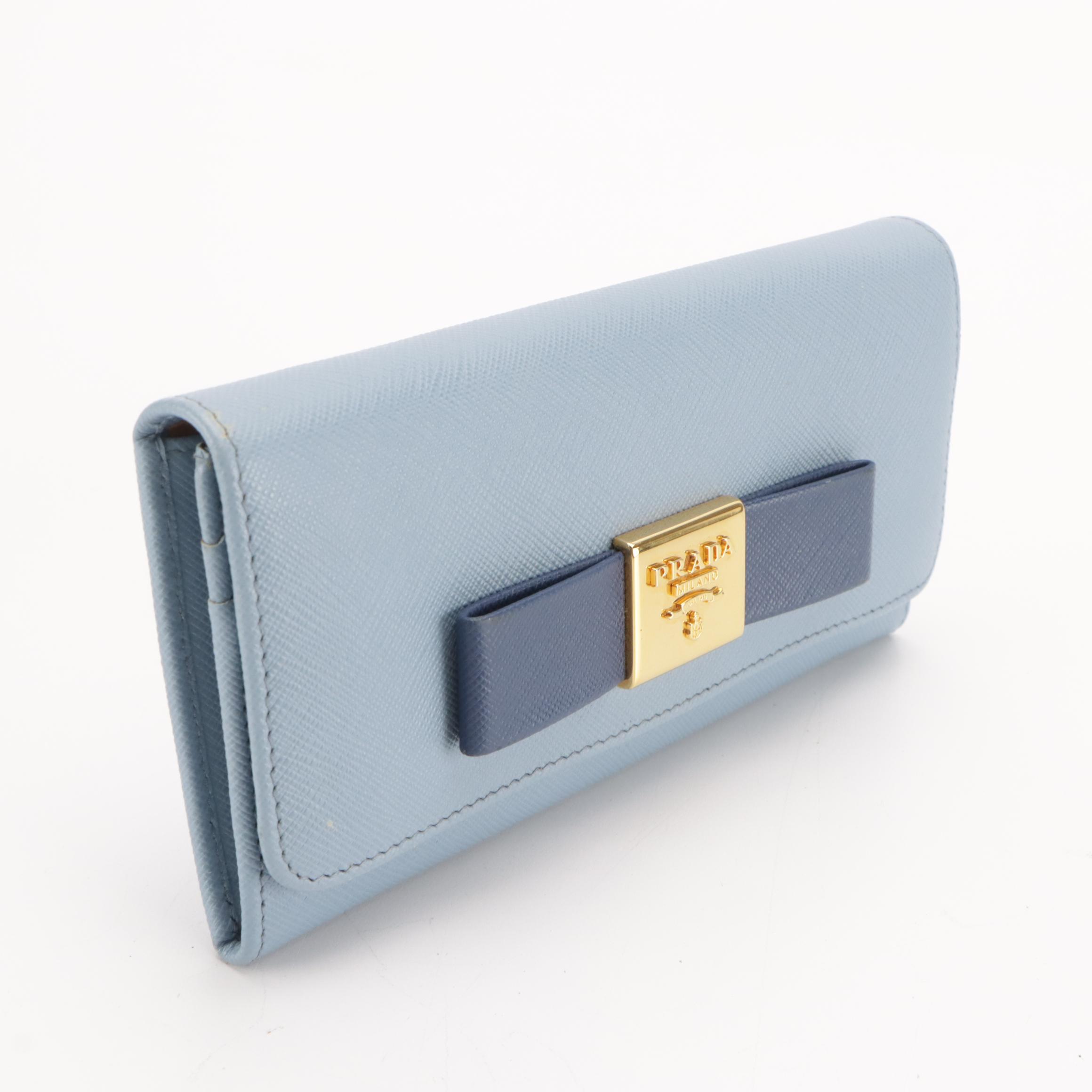 Prada Bow Continental Wallet and Card Holder in Two-Tone Blue Saffiano Leather