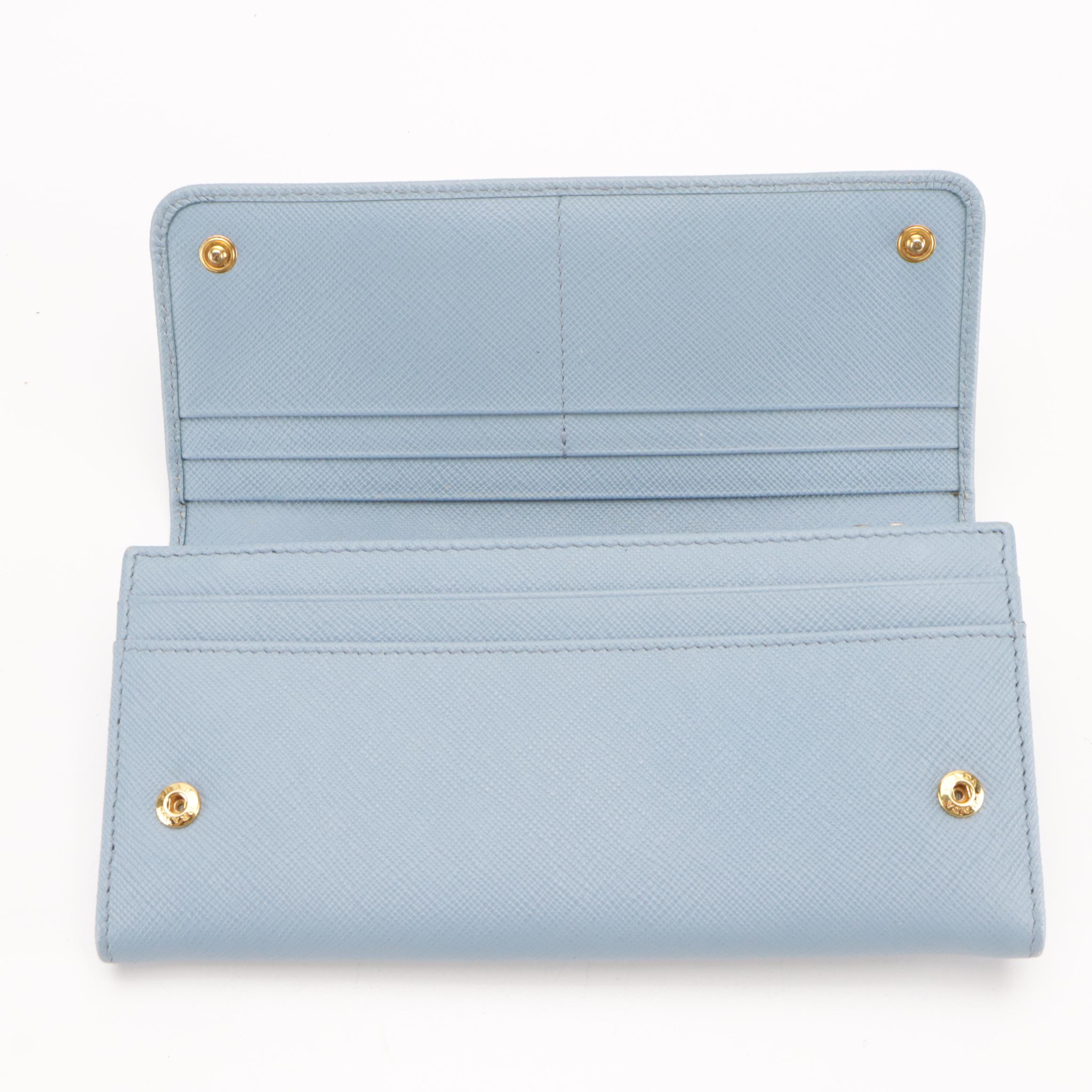 Prada Bow Continental Wallet and Card Holder in Two-Tone Blue Saffiano Leather