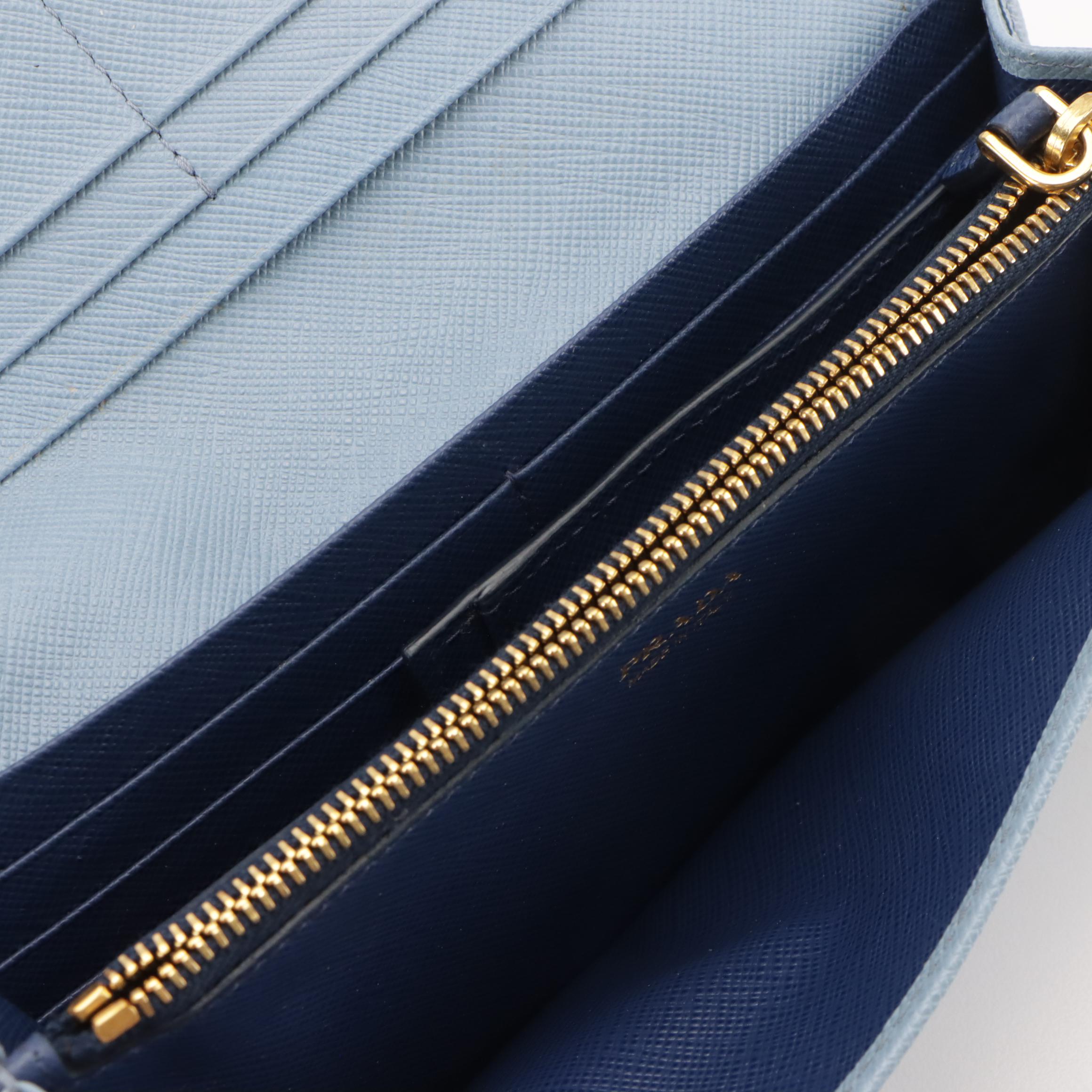 Prada Bow Continental Wallet and Card Holder in Two-Tone Blue Saffiano Leather