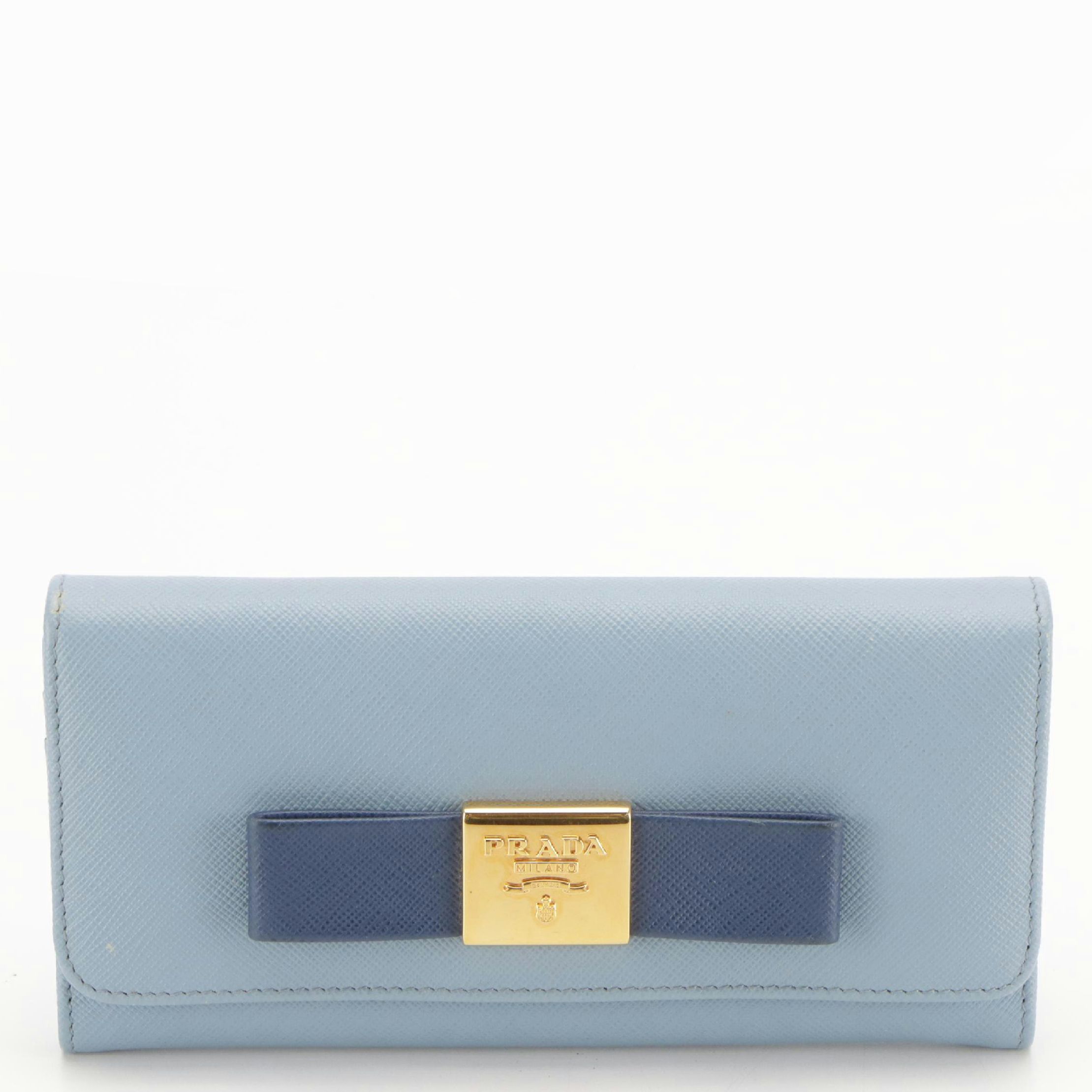 Prada Bow Continental Wallet and Card Holder in Two-Tone Blue Saffiano Leather