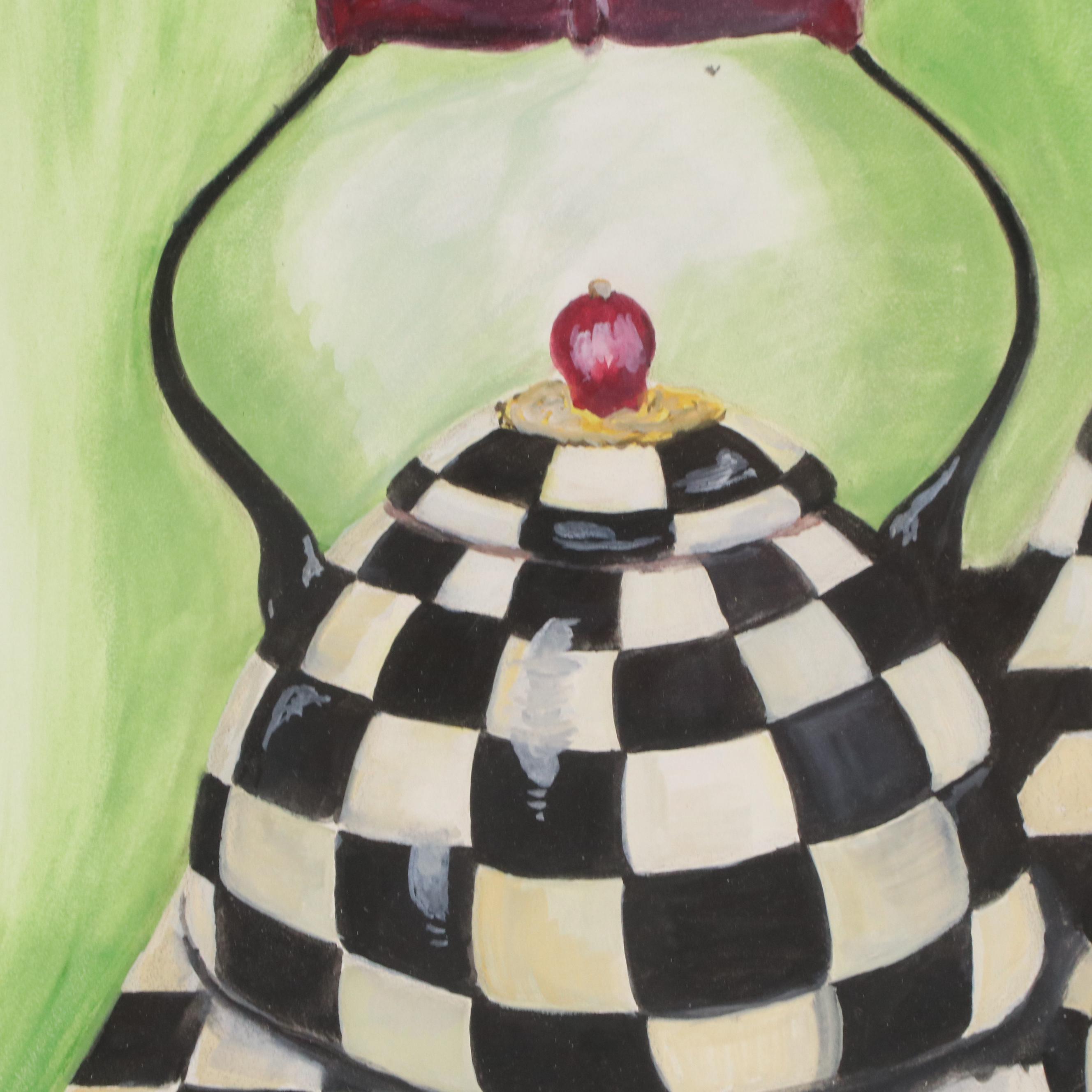 Still Life Gouache Painting of MacKenzie-Childs Teapot and Vessel