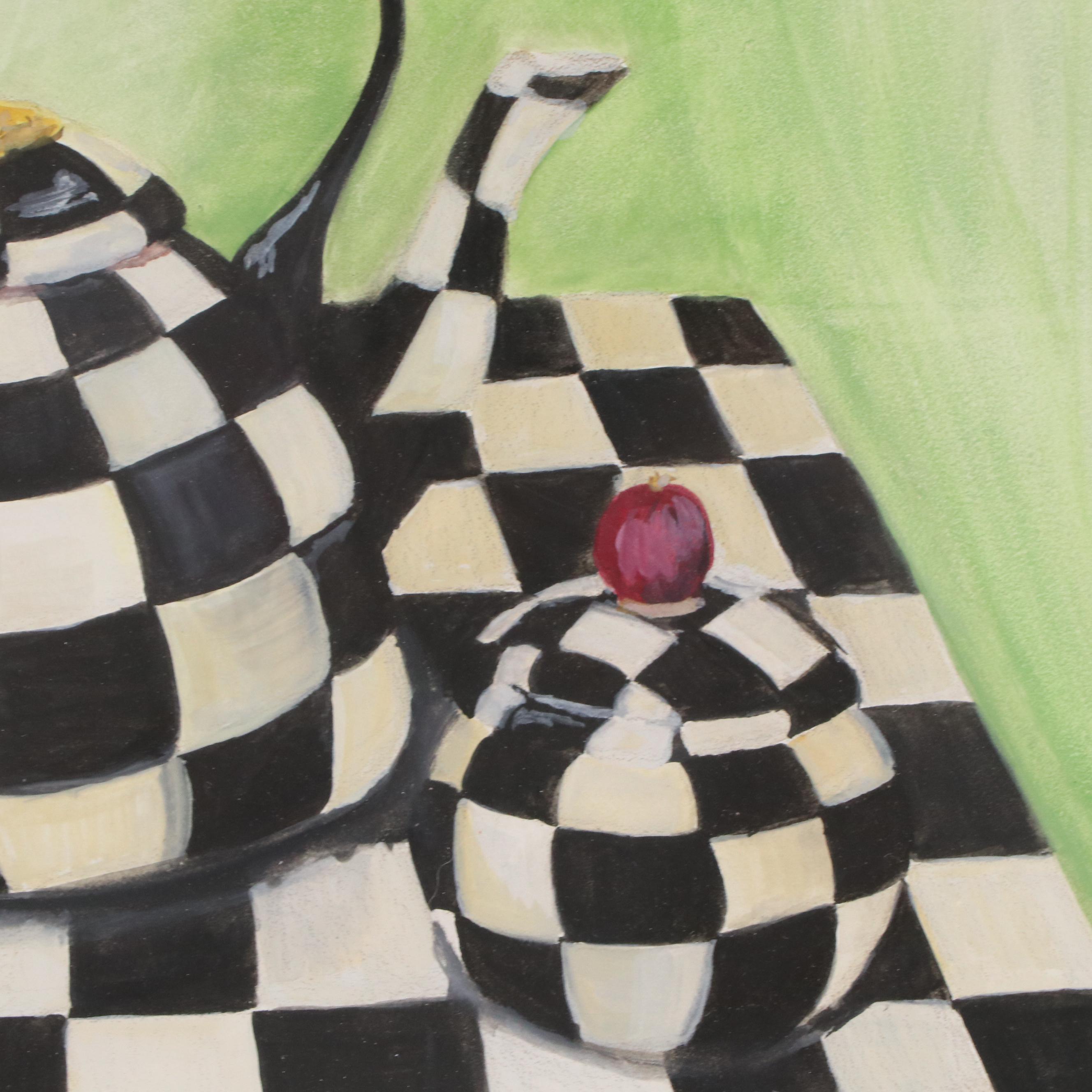 Still Life Gouache Painting of MacKenzie-Childs Teapot and Vessel