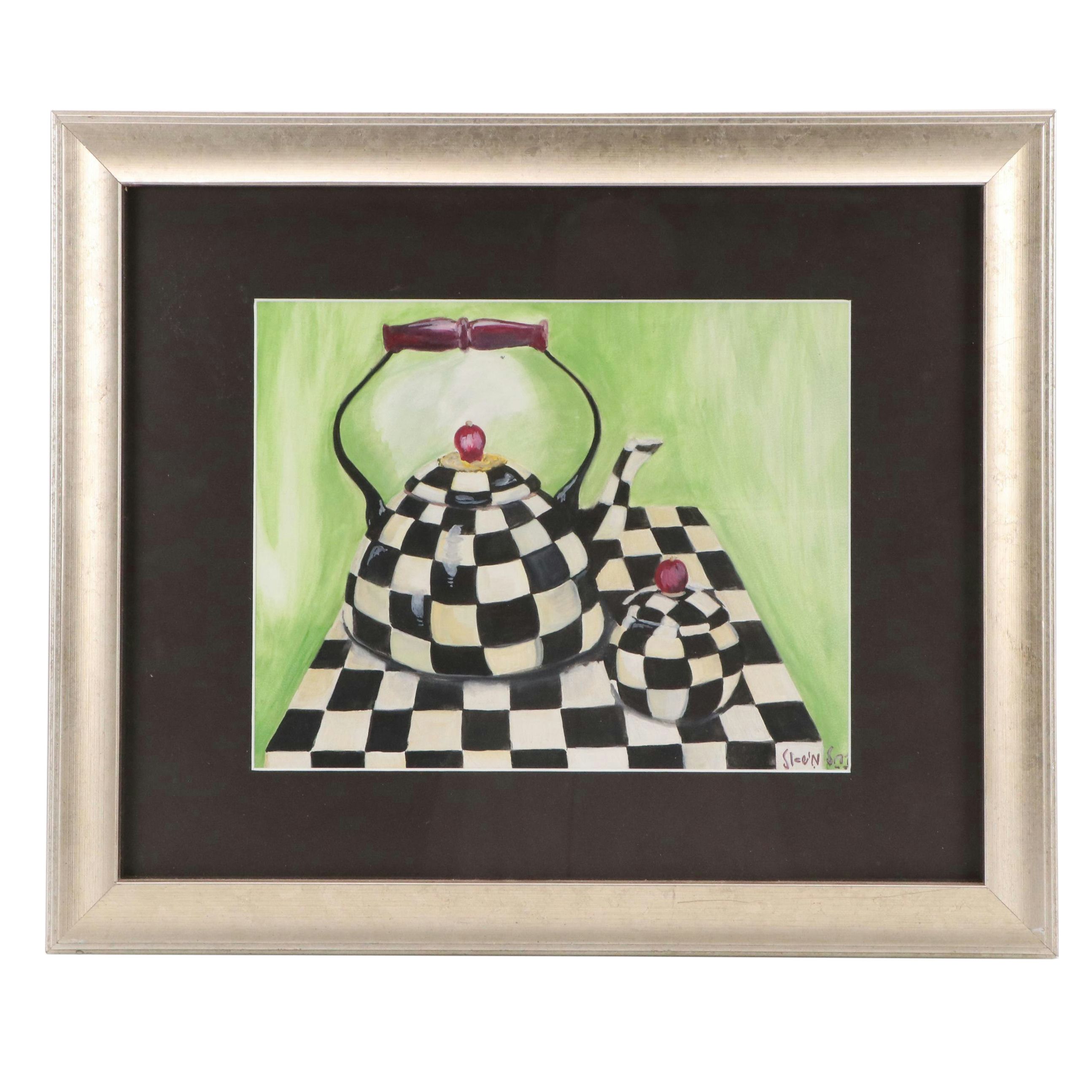 Still Life Gouache Painting of MacKenzie-Childs Teapot and Vessel