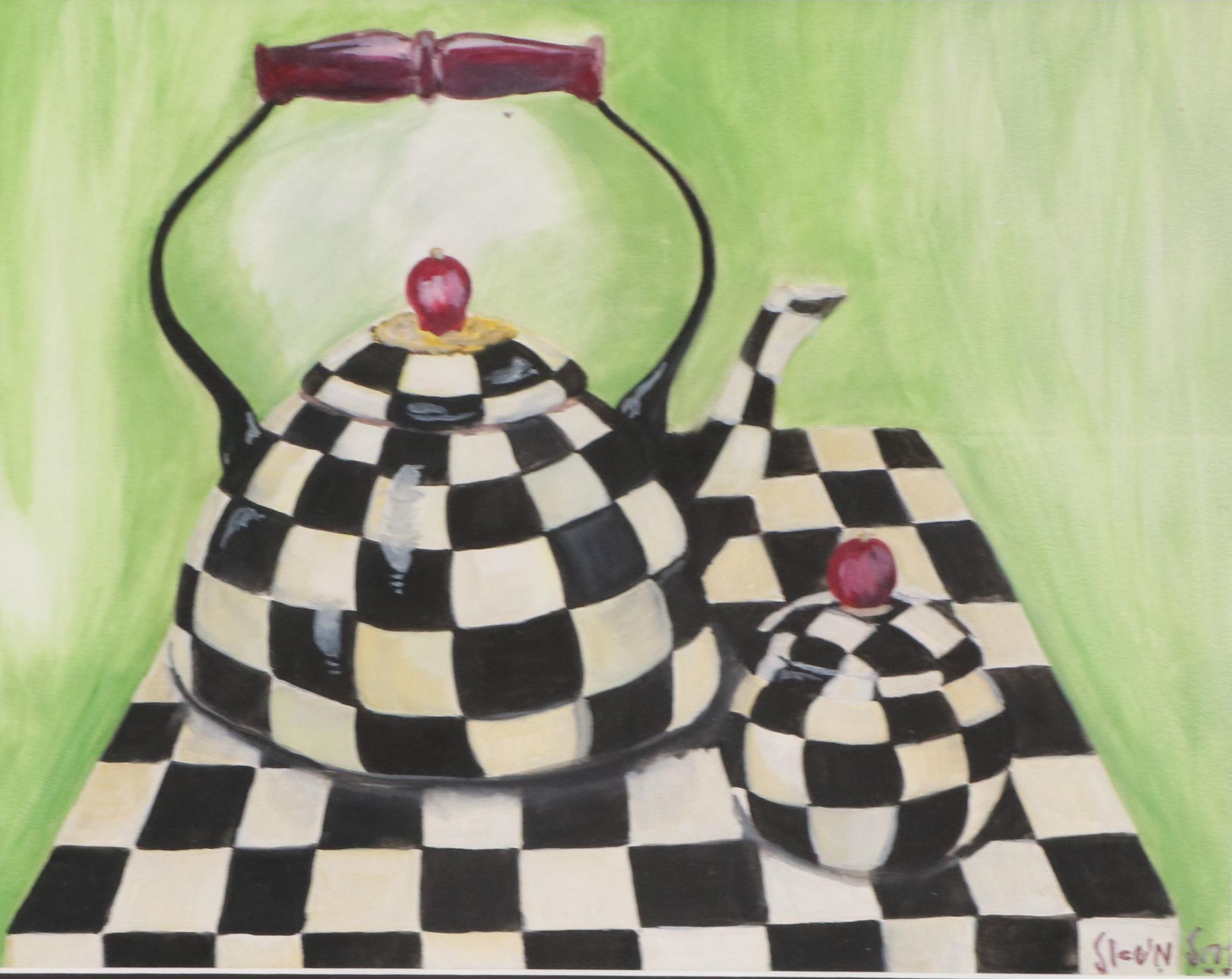 Still Life Gouache Painting of MacKenzie-Childs Teapot and Vessel