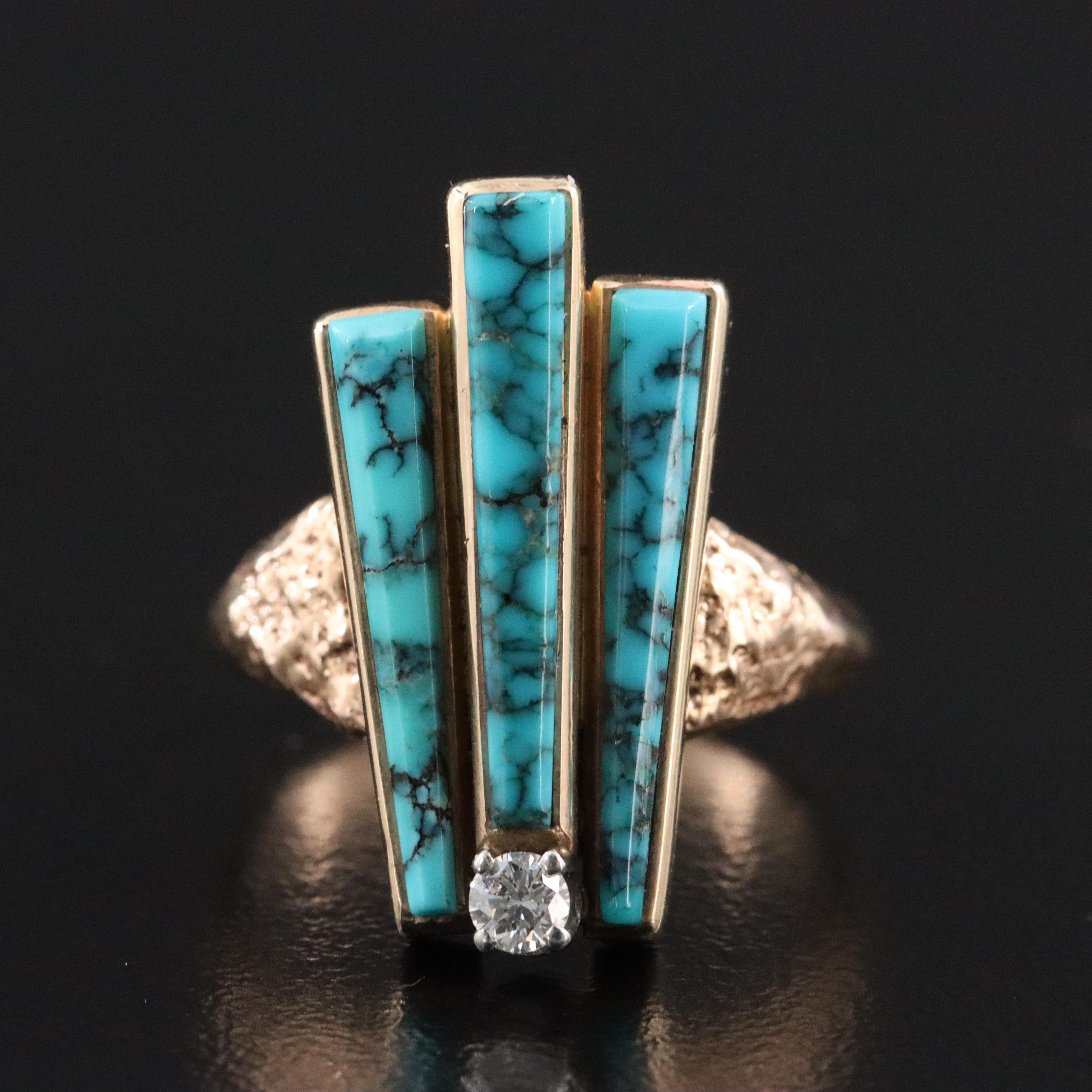 Southwestern Signed 14K Turquoise and Diamond Ring