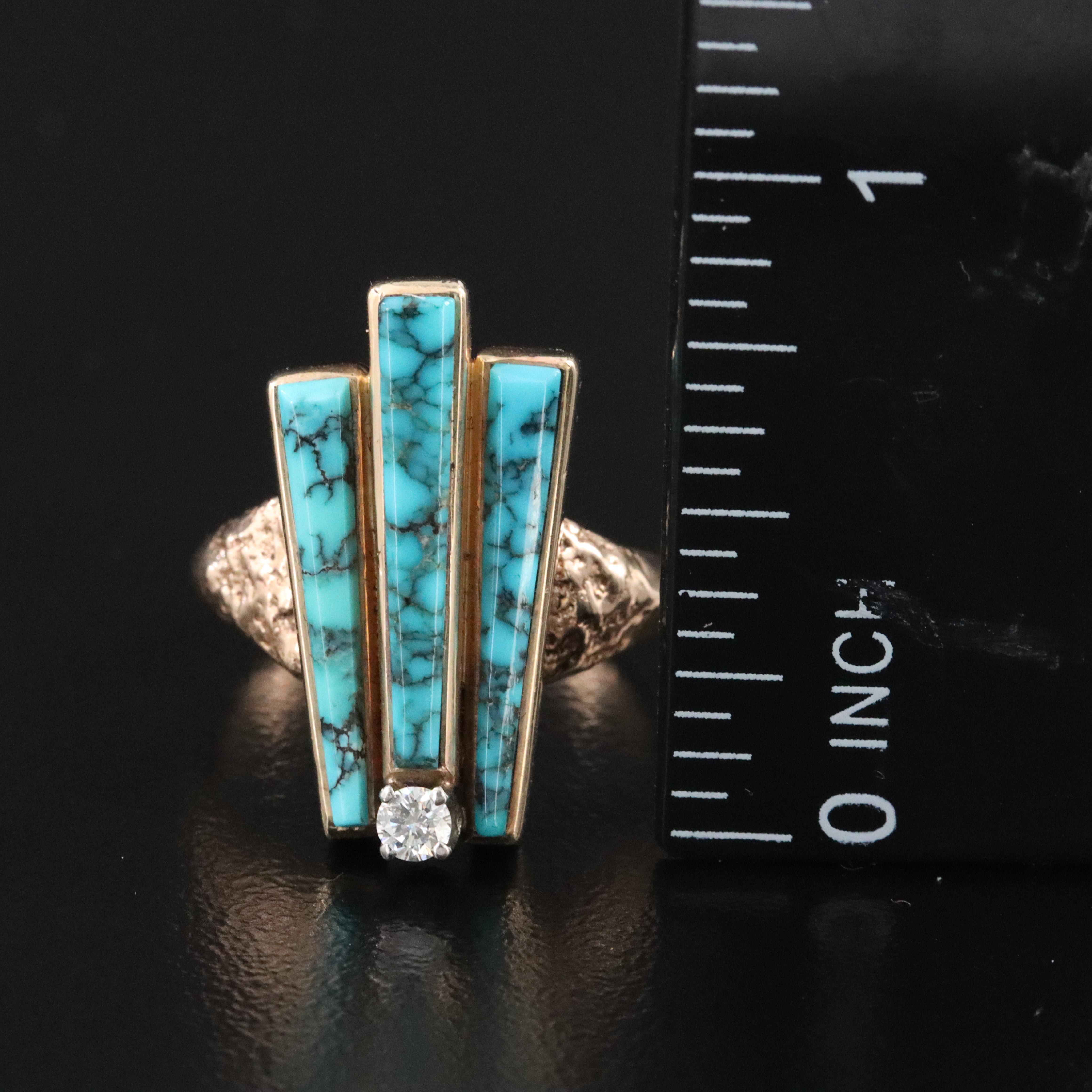 Southwestern Signed 14K Turquoise and Diamond Ring