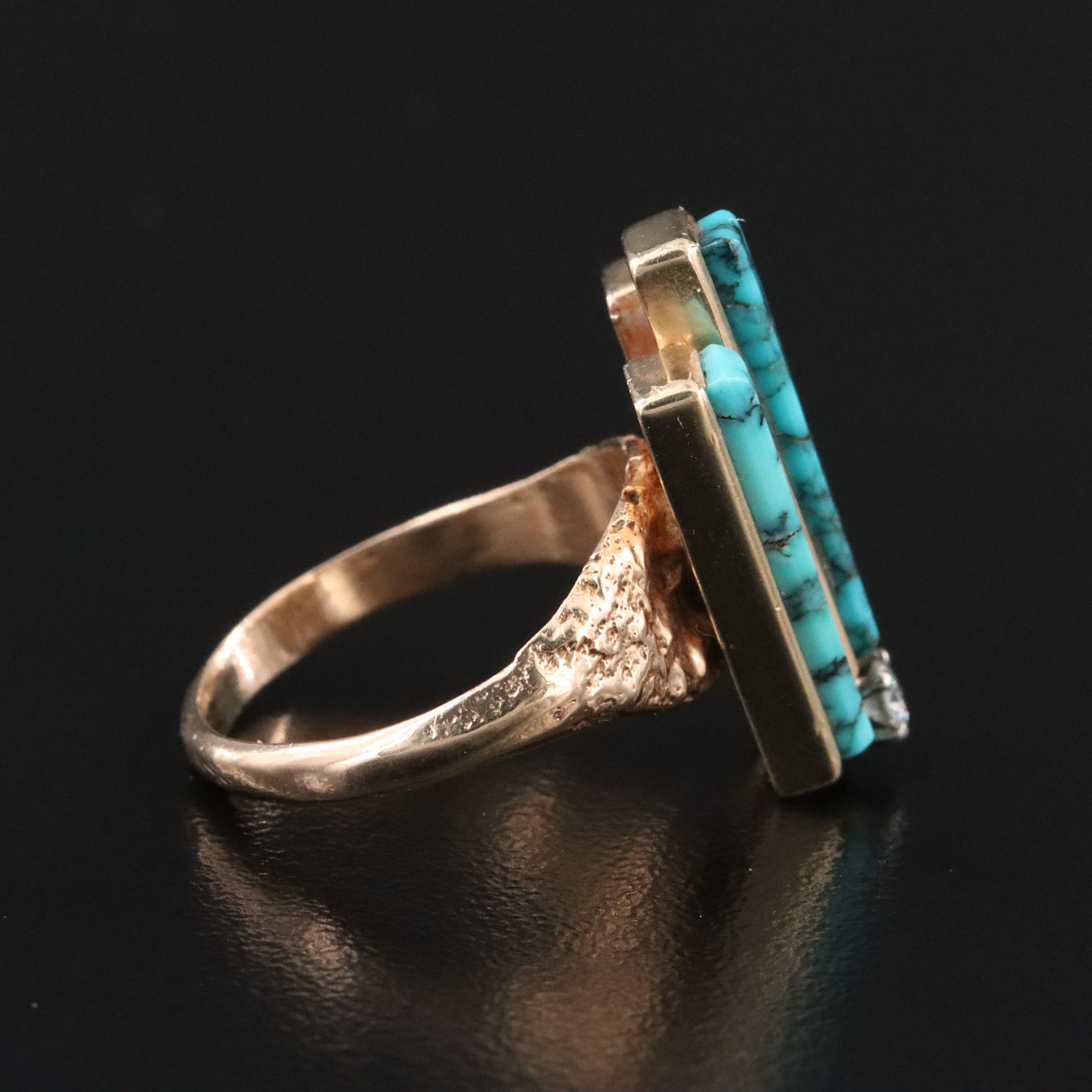 Southwestern Signed 14K Turquoise and Diamond Ring