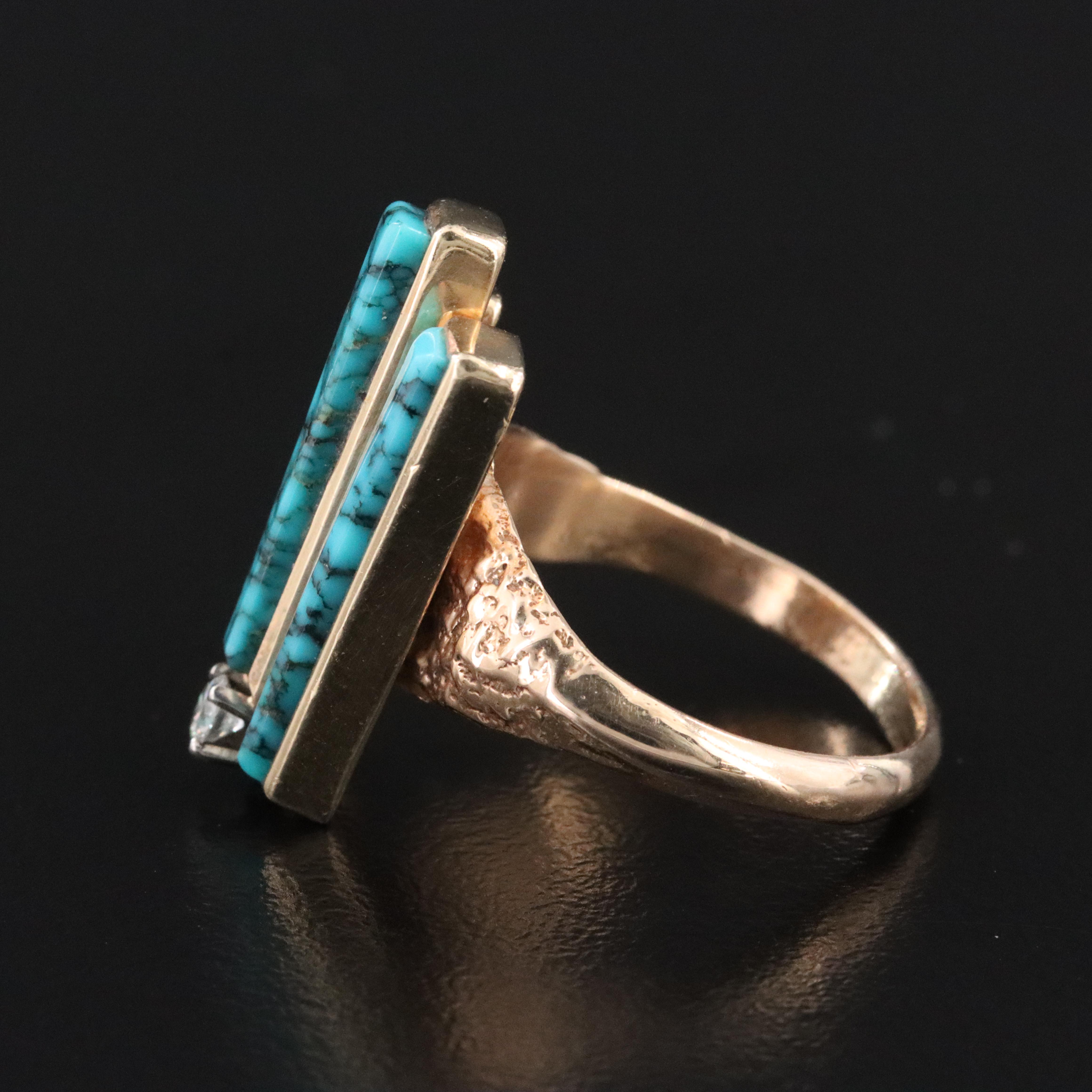 Southwestern Signed 14K Turquoise and Diamond Ring