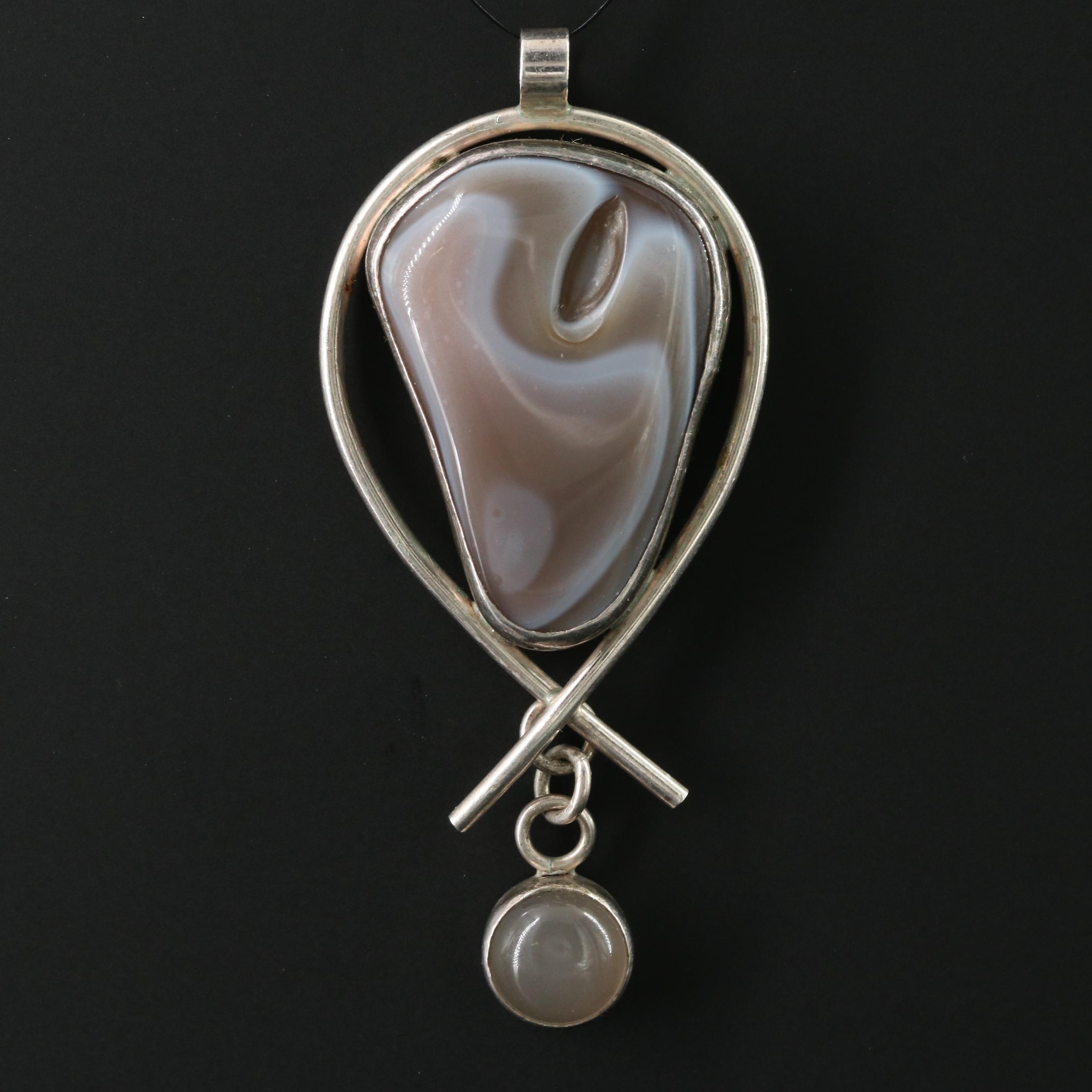Signed Sterling Agate and Moonstone Pendant