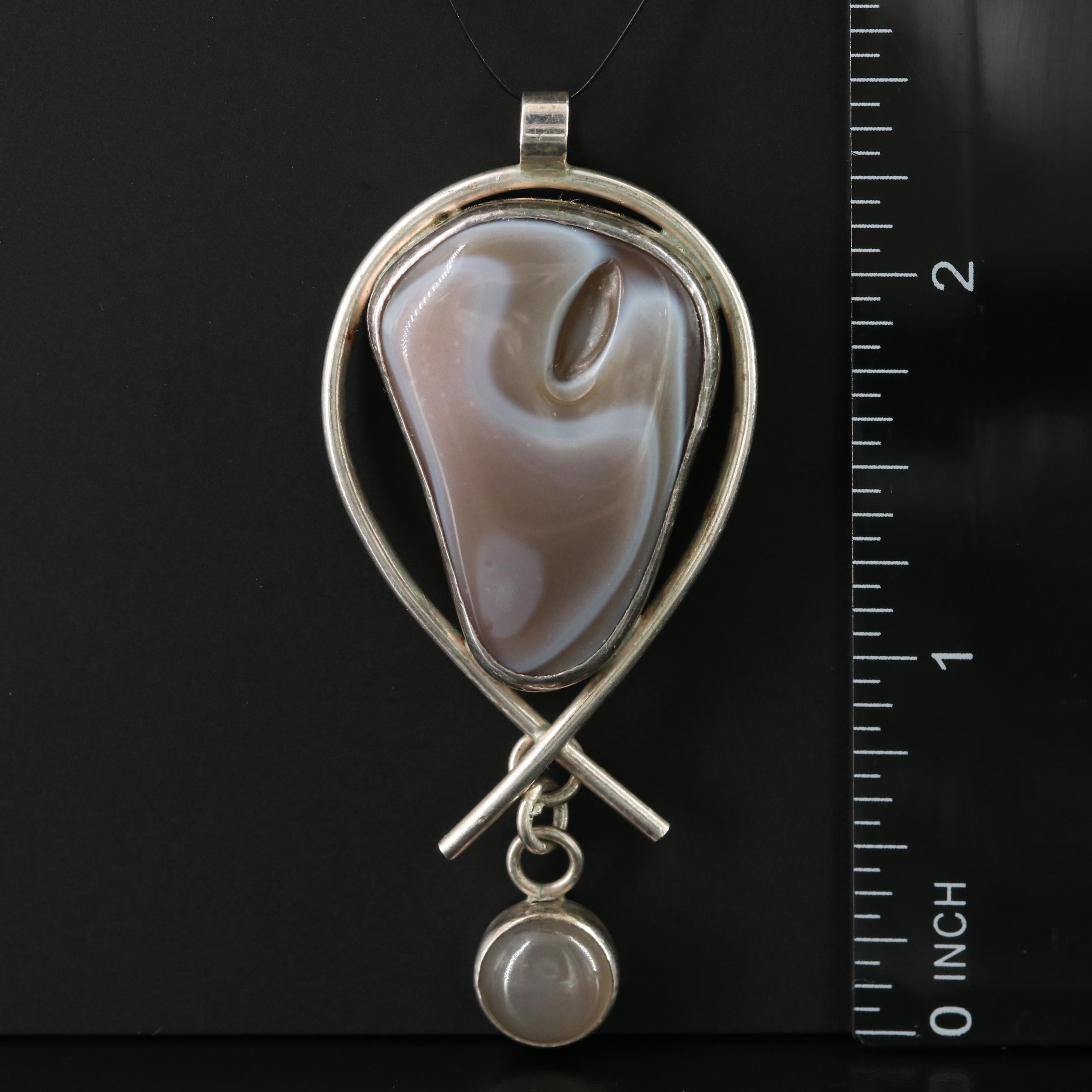 Signed Sterling Agate and Moonstone Pendant