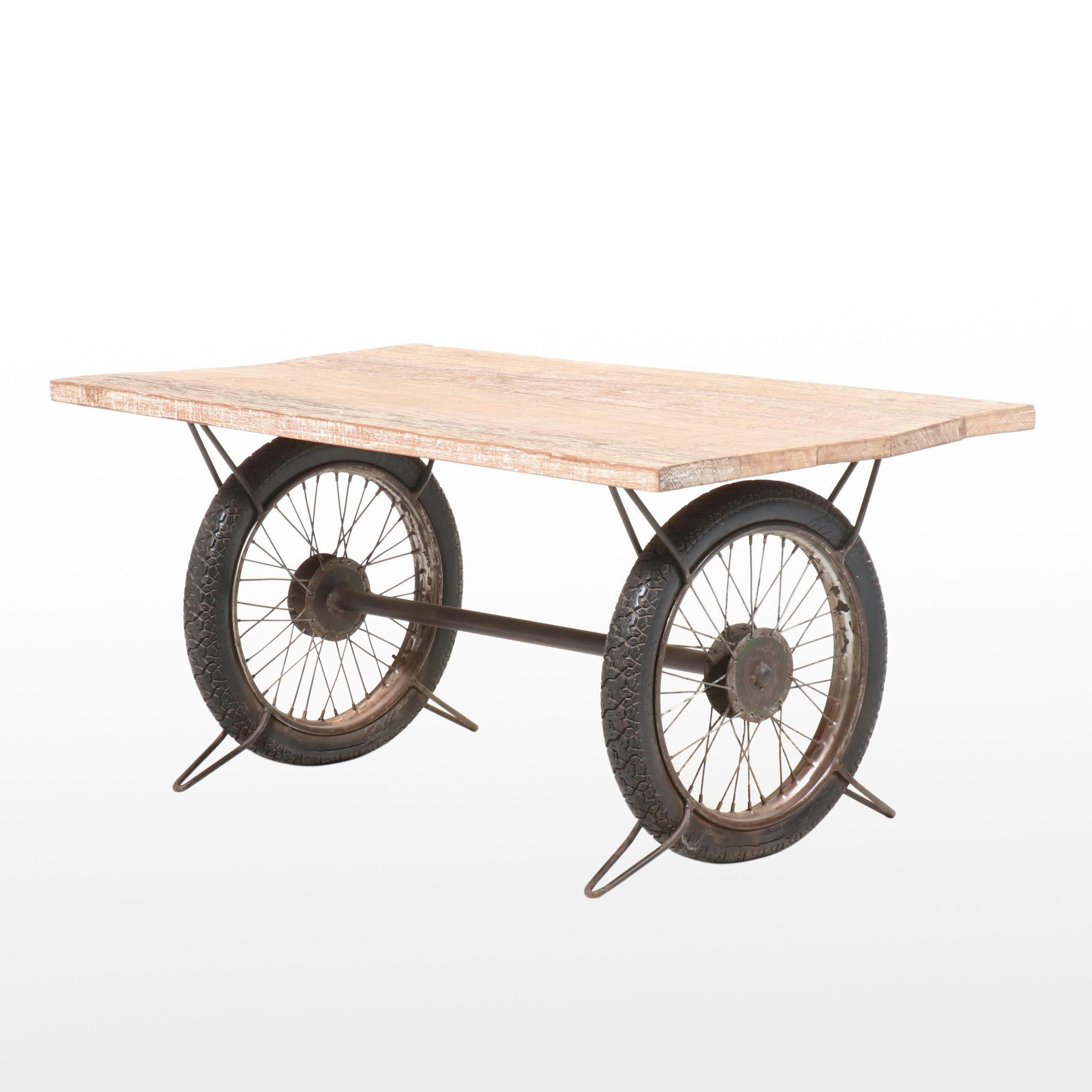 Steampunk Style Wooden Top Table with Reclaimed Tire Wheel Base