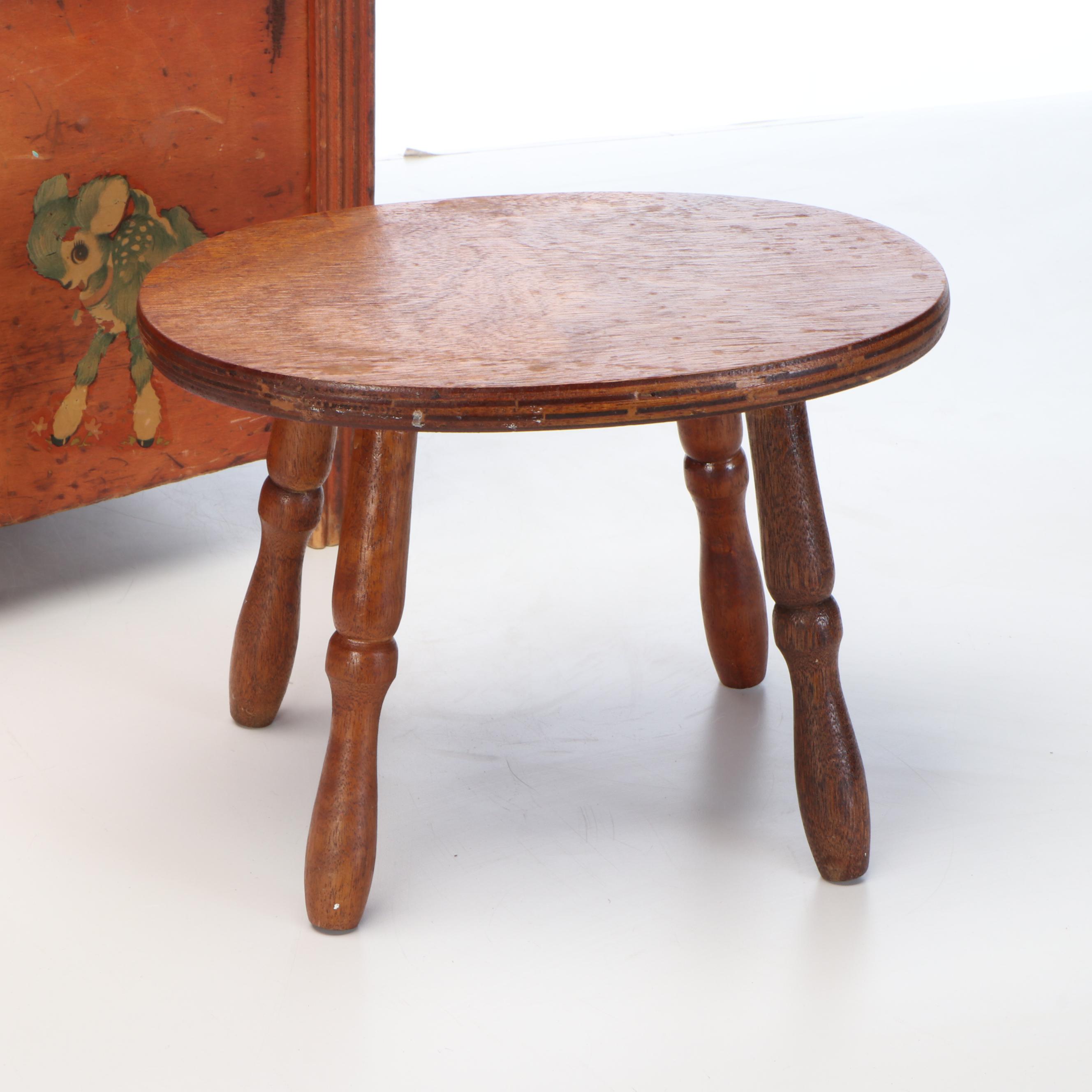 Parcel-Ebonized Wood Toy Chest with Wood Footstool, Early to Mid-20th Century