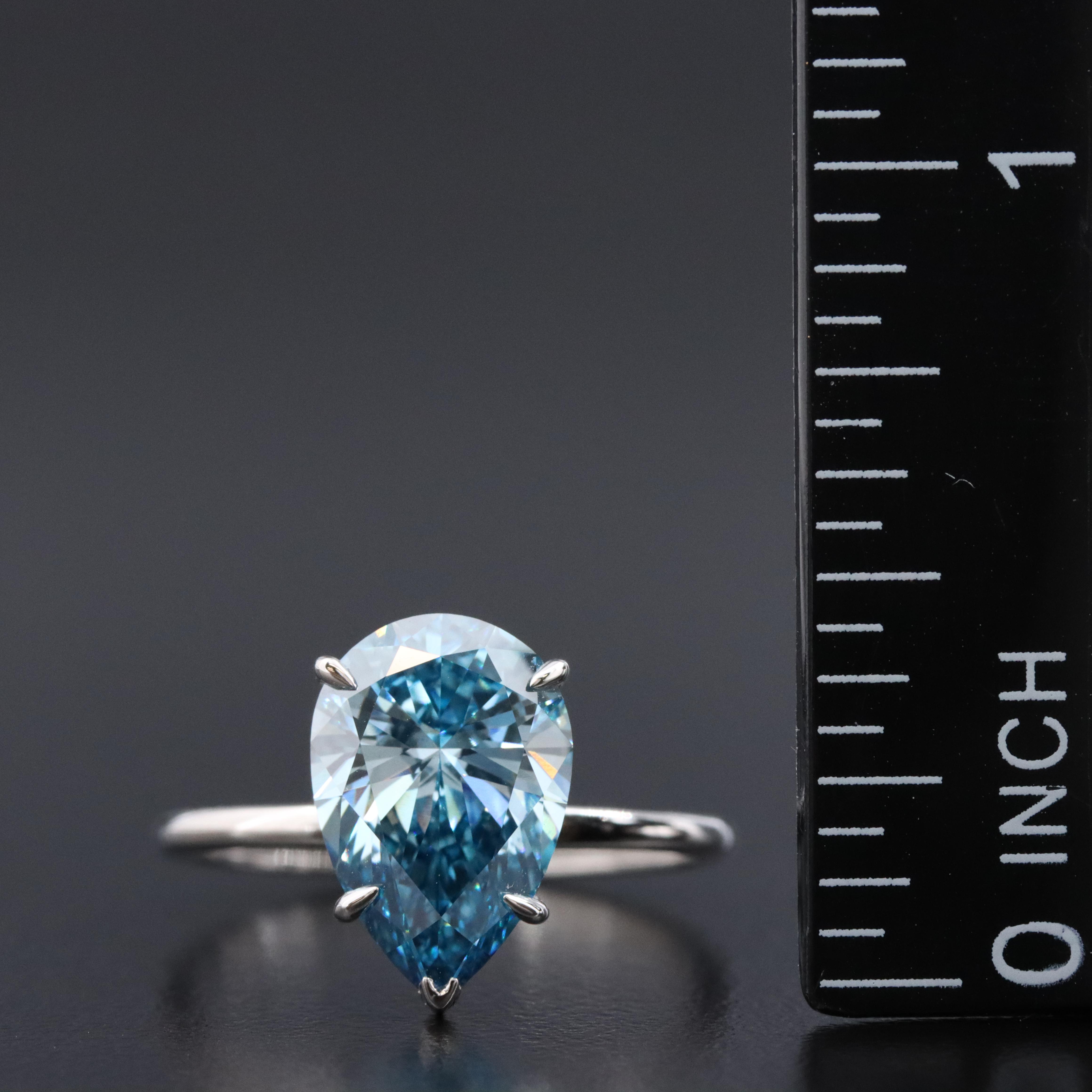Platinum 3.01 CT Lab Grown Fancy Blue Diamond Solitaire Ring with IGI Report