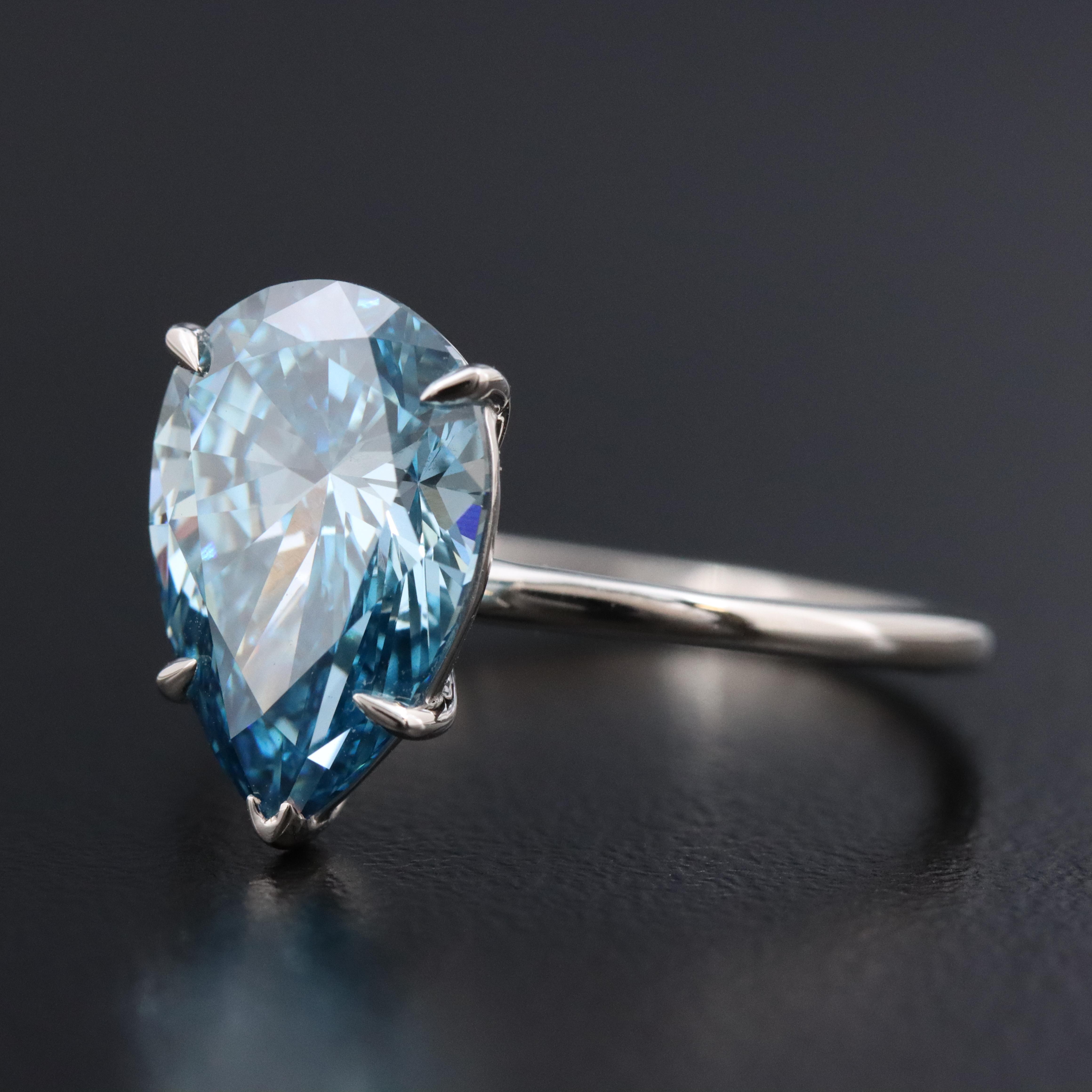 Platinum 3.01 CT Lab Grown Fancy Blue Diamond Solitaire Ring with IGI Report