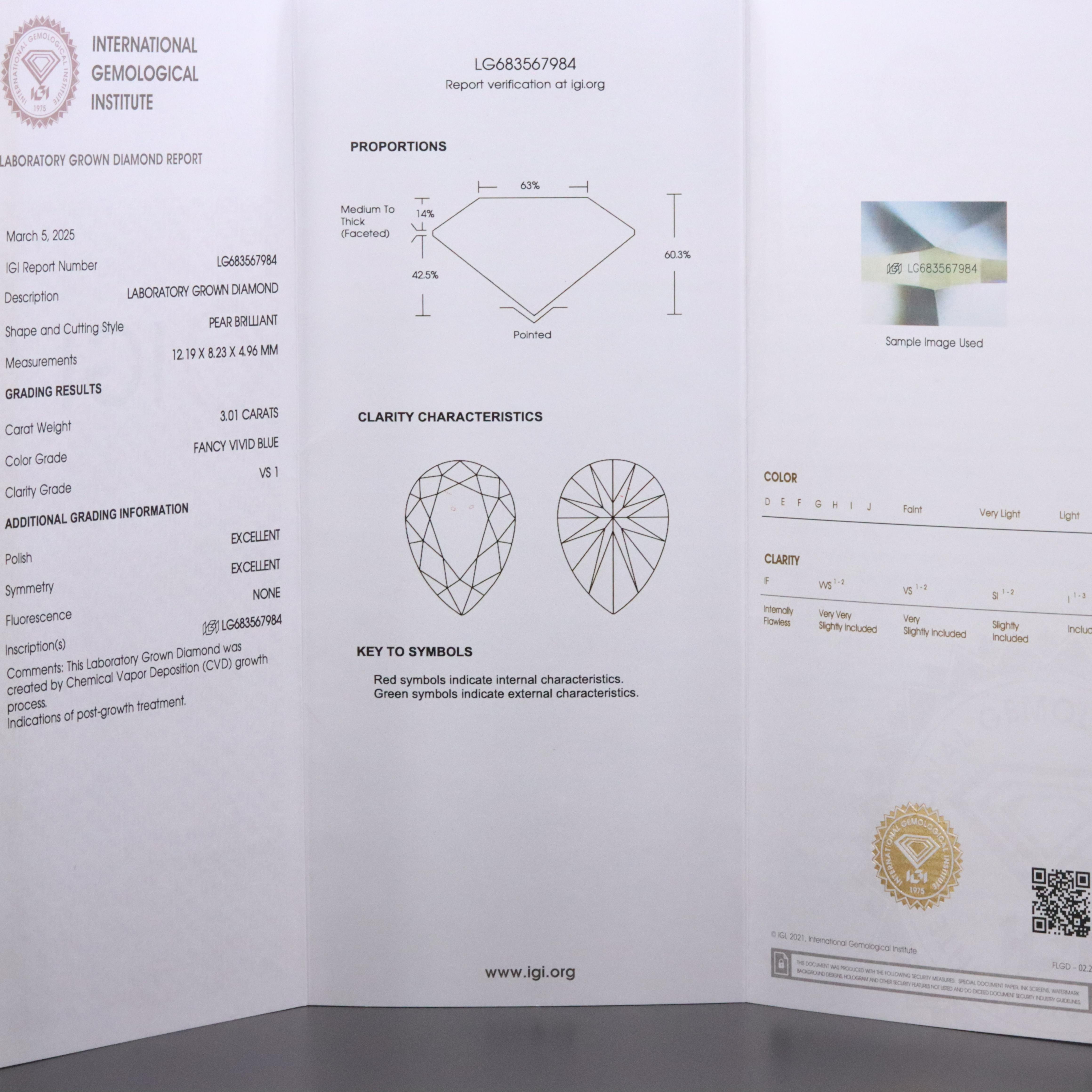 Platinum 3.01 CT Lab Grown Fancy Blue Diamond Solitaire Ring with IGI Report