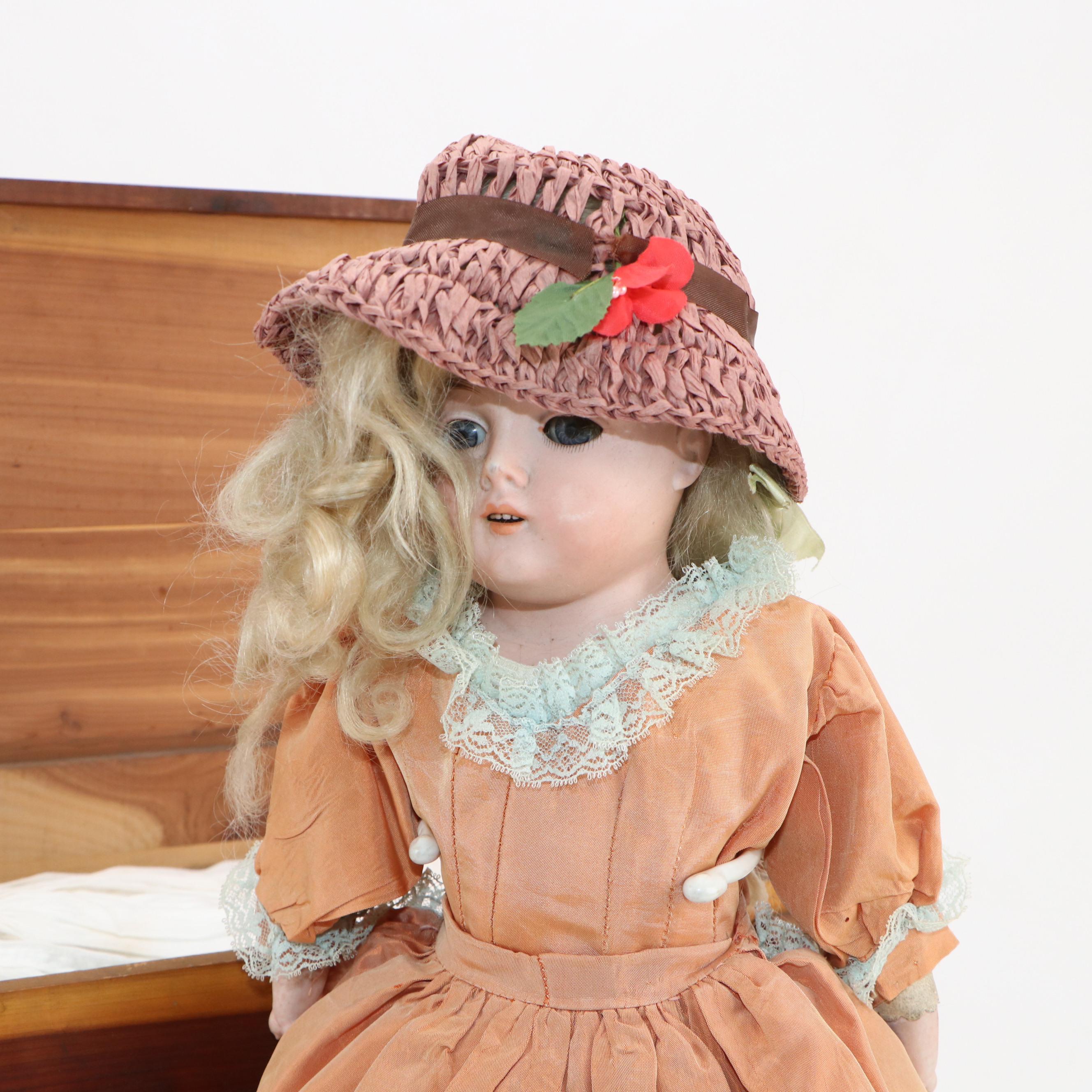 German Size 2/0 Shoulder Plate Bisque Doll with Doll Clothing and Trunk
