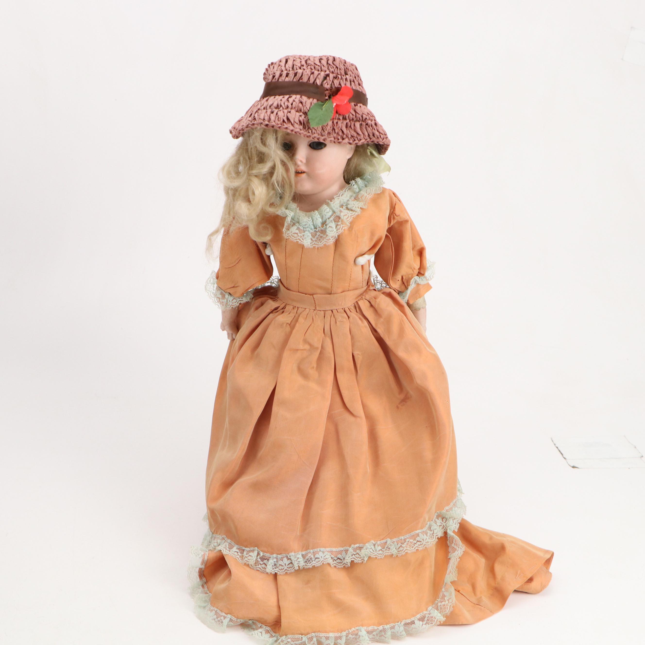 German Size 2/0 Shoulder Plate Bisque Doll with Doll Clothing and Trunk