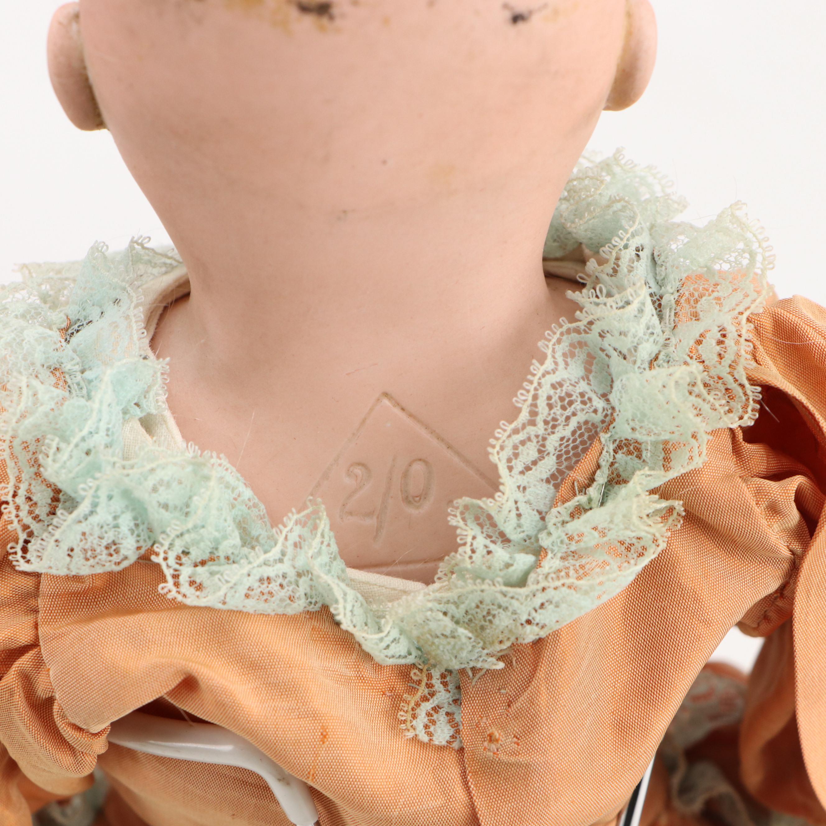 German Size 2/0 Shoulder Plate Bisque Doll with Doll Clothing and Trunk