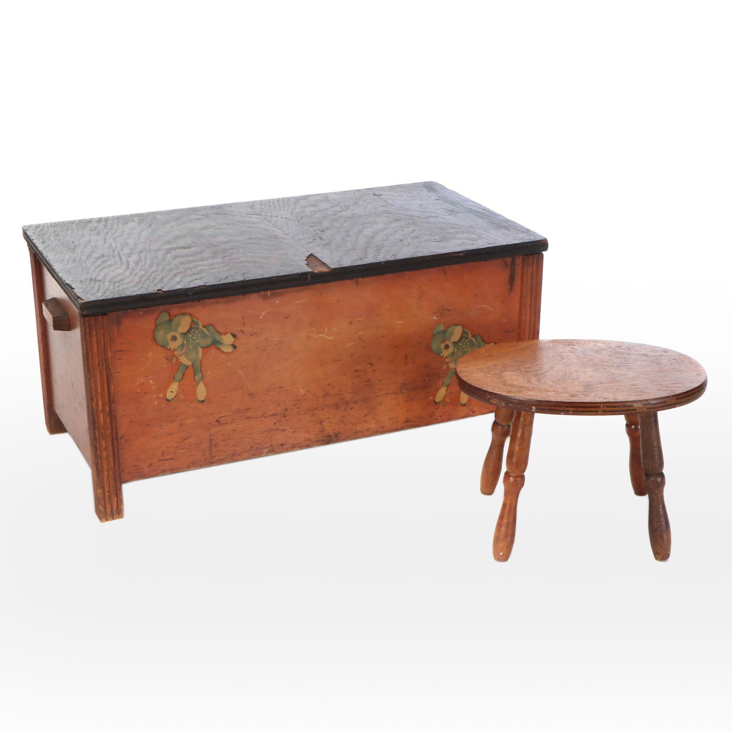 Parcel-Ebonized Wood Toy Chest with Wood Footstool, Early to Mid-20th Century