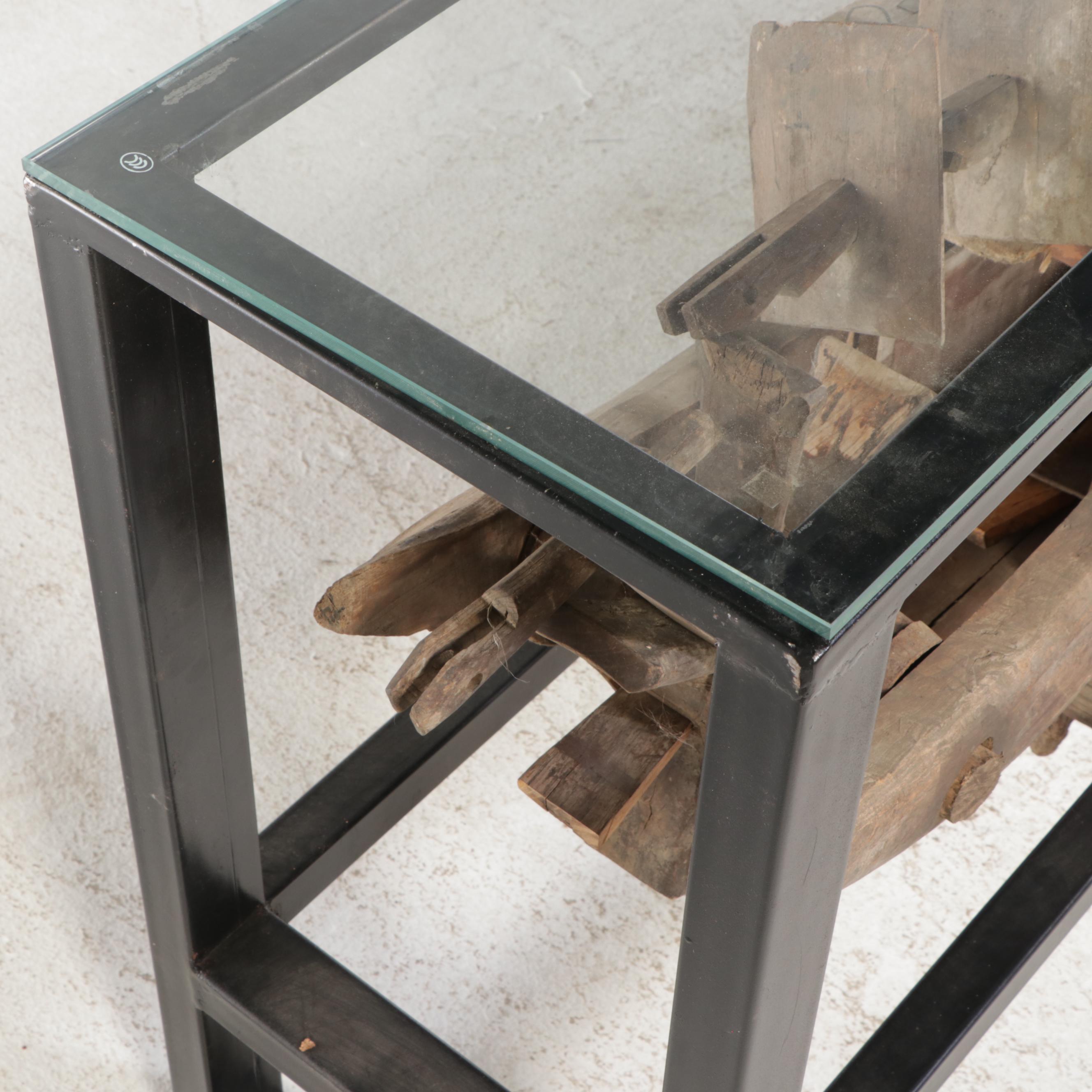Metal and Glass Console Table with Folk Art Wooden Paddle Boat