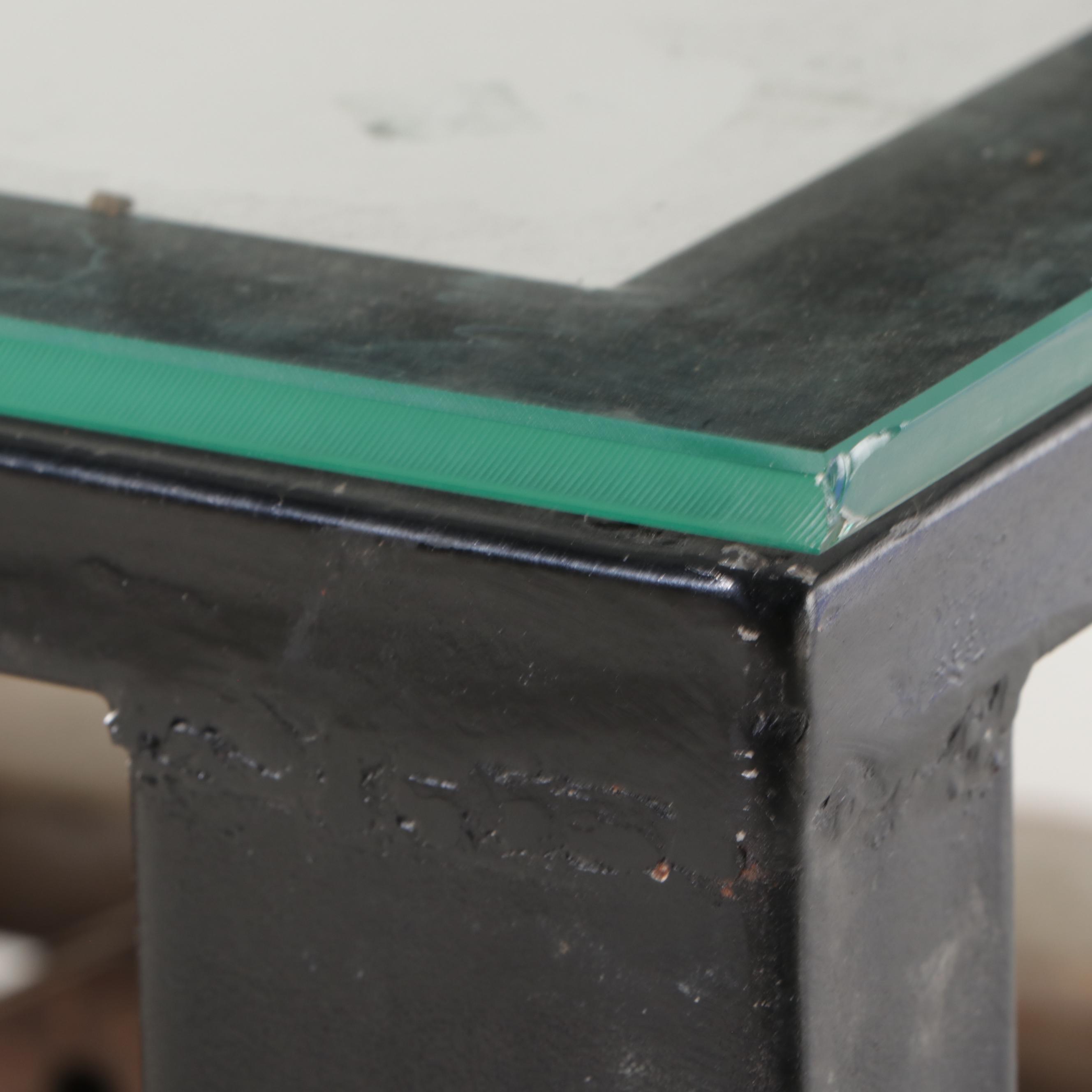 Metal and Glass Console Table with Folk Art Wooden Paddle Boat