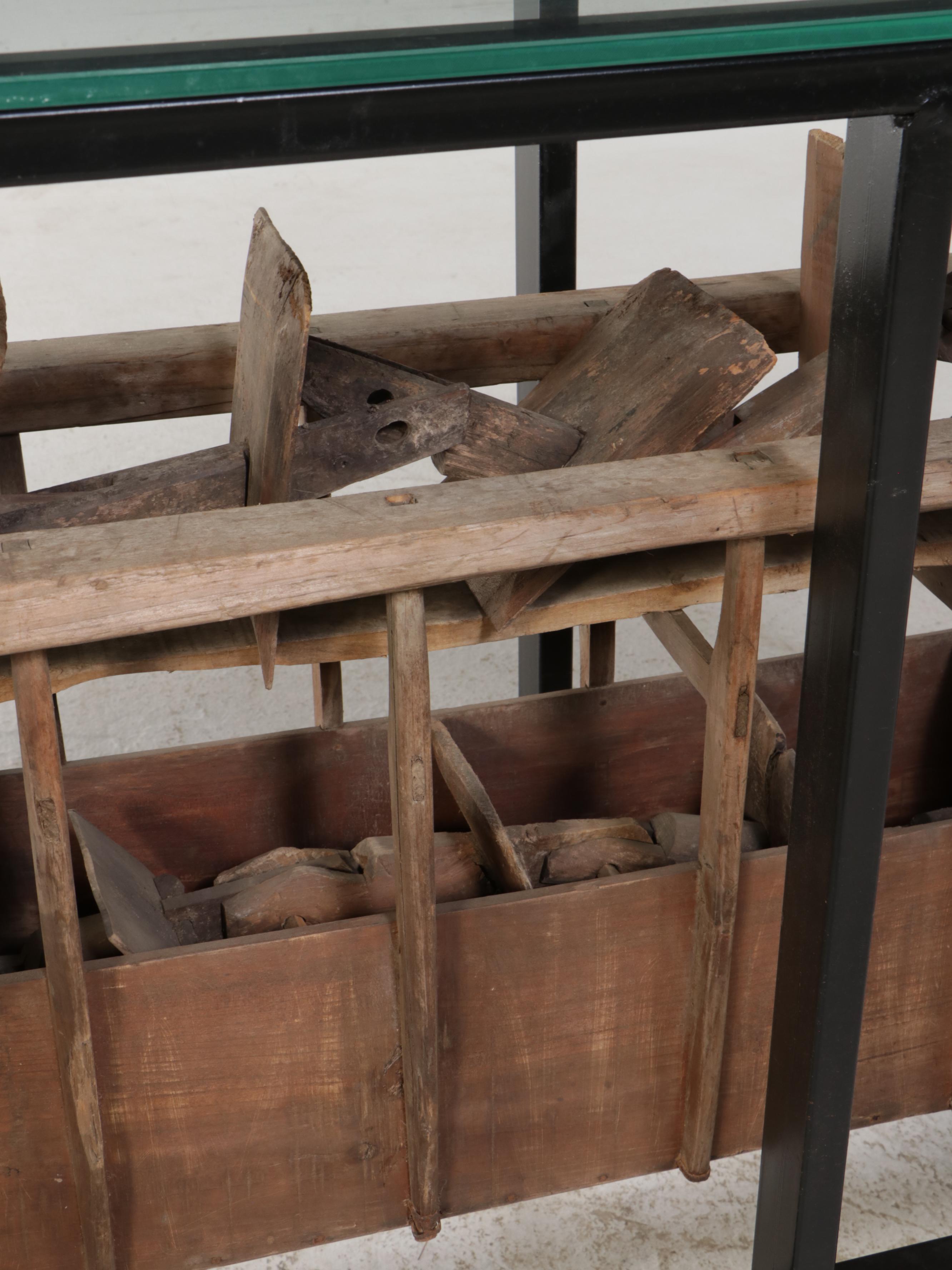 Metal and Glass Console Table with Folk Art Wooden Paddle Boat